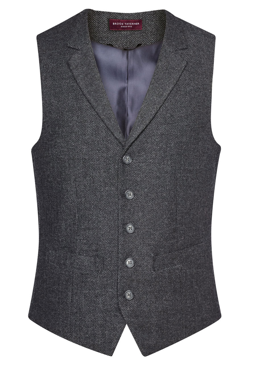 Brook Taverner Memphis Tweed Waistcoat for Men - Charcoal Herringbone Pattern, Slim Fit Formal Vest - Perfect for Weddings, Business Meetings & Smart Casual Outfits