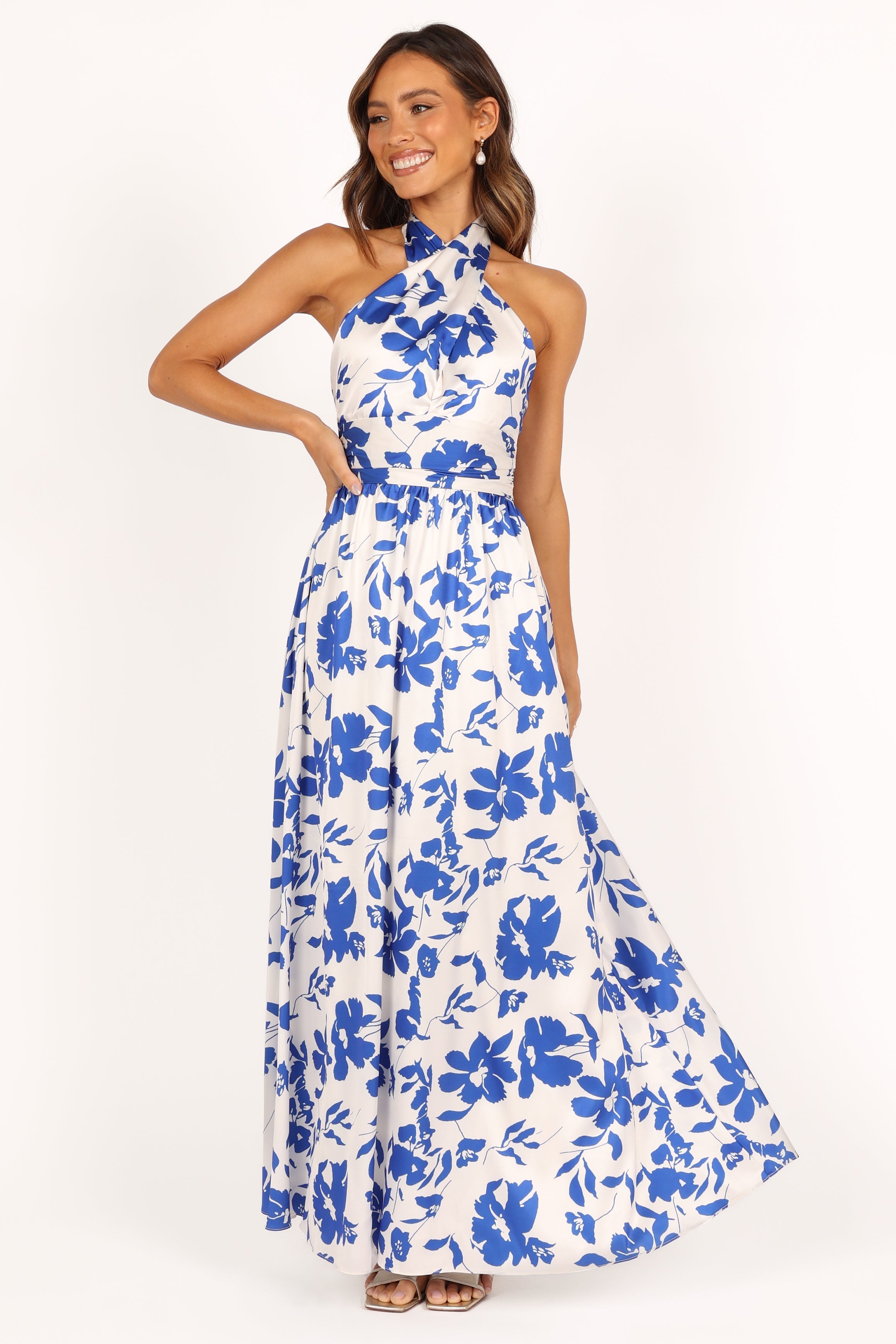 Allora Women's Halter Dress - Blue Floral Print Summer Sundress for Beach Vacation & Casual Outings