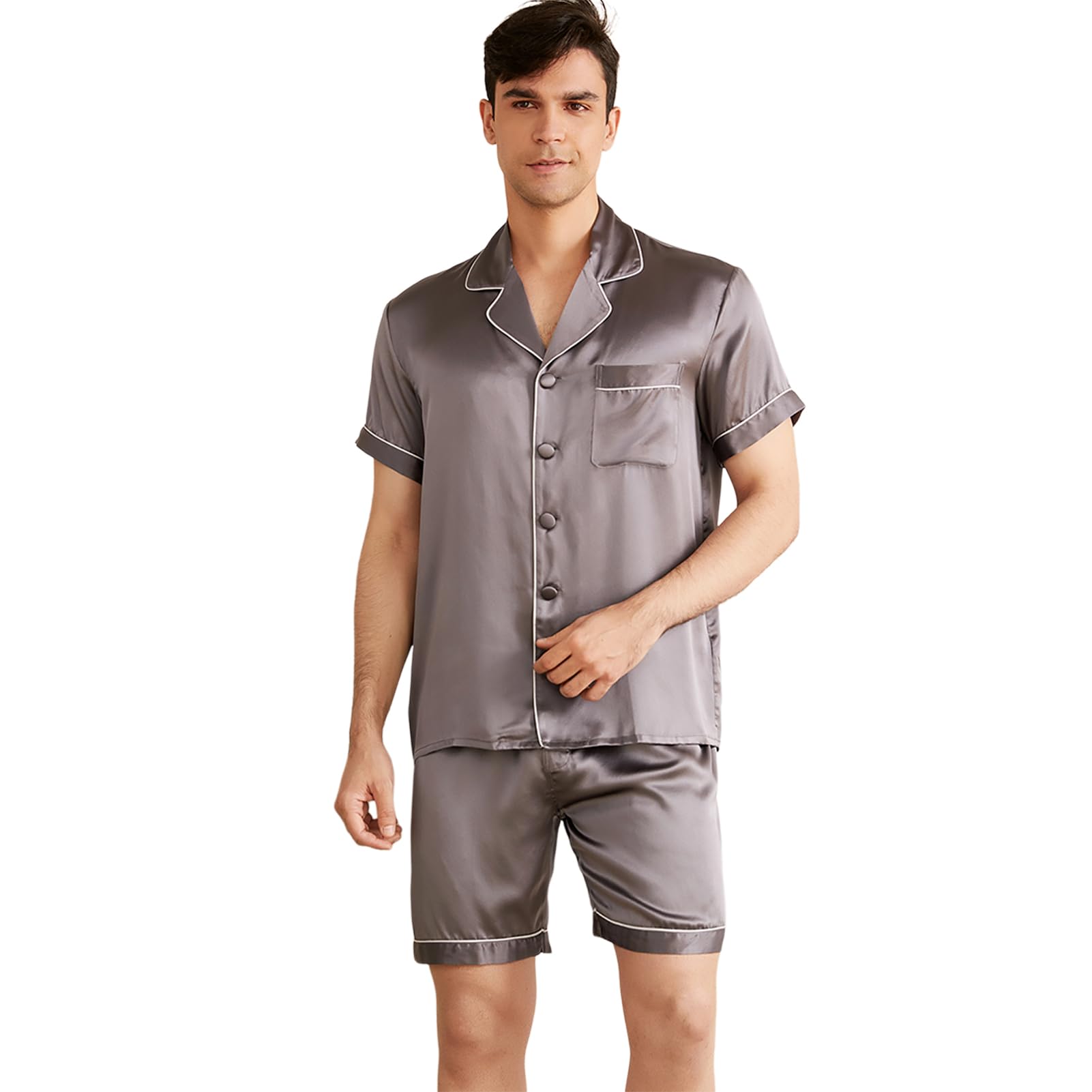 THXSILK Men's Pure Mulberry Silk Pajama Set - Short Sleeve Shirt & Shorts for Comfortable Sleepwear | Perfect for Summer Nights, Lounging & Gift Giving