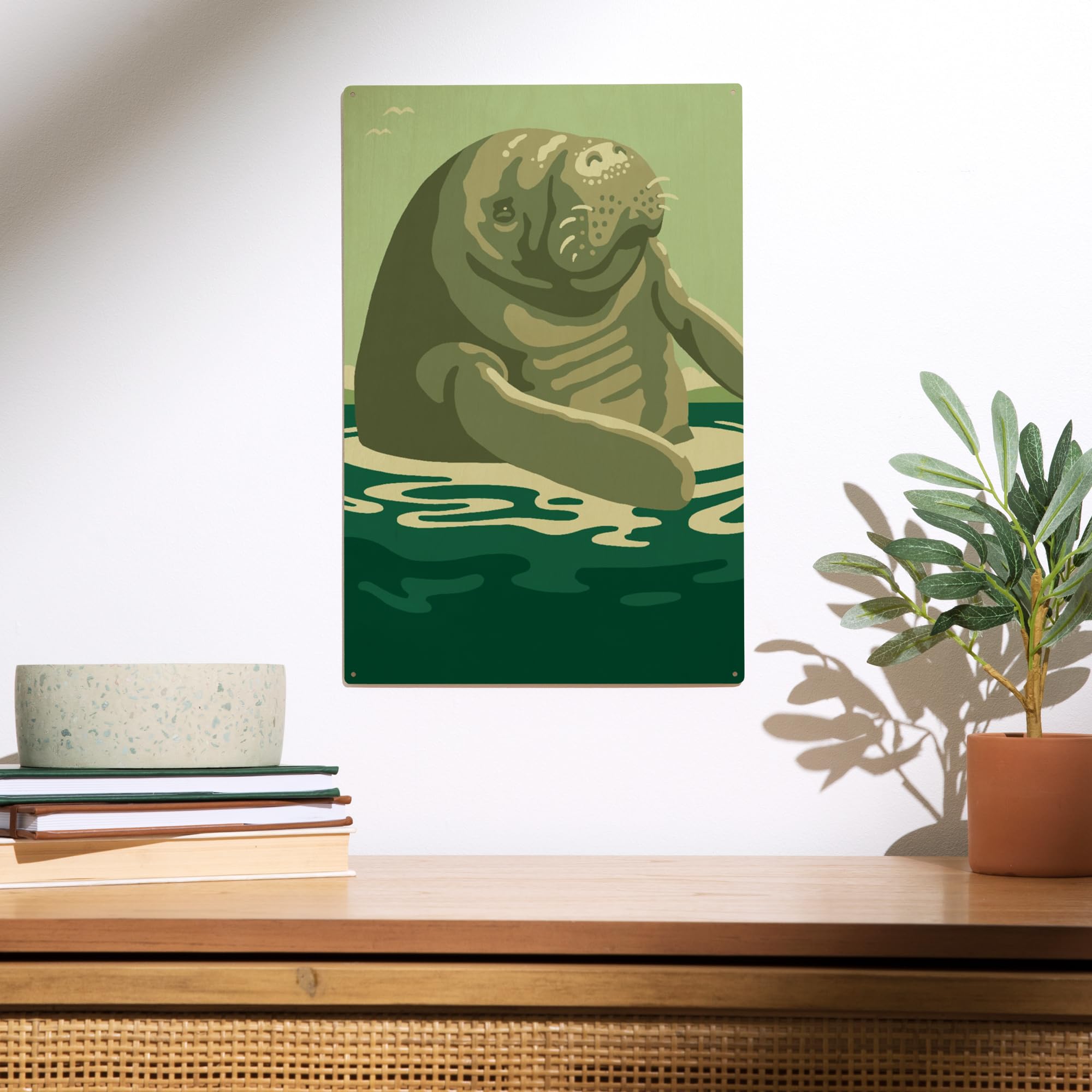 Lantern Press 10x15 Inch Wooden Wall Sign - Ready to Hang Manatee in Water Coastal Decor - Perfect for Beach House, Nursery, or Bathroom Wall Art