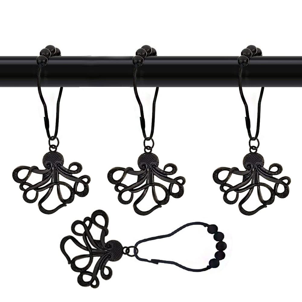 Rust-Proof Stainless Steel Octopus Shower Curtain Hooks - Set of 12 Black Nautical-Themed Bathroom Decor Accessories with Funny Sea Creature Design | Perfect for Coastal, Beach, or Ocean-Themed Bathrooms