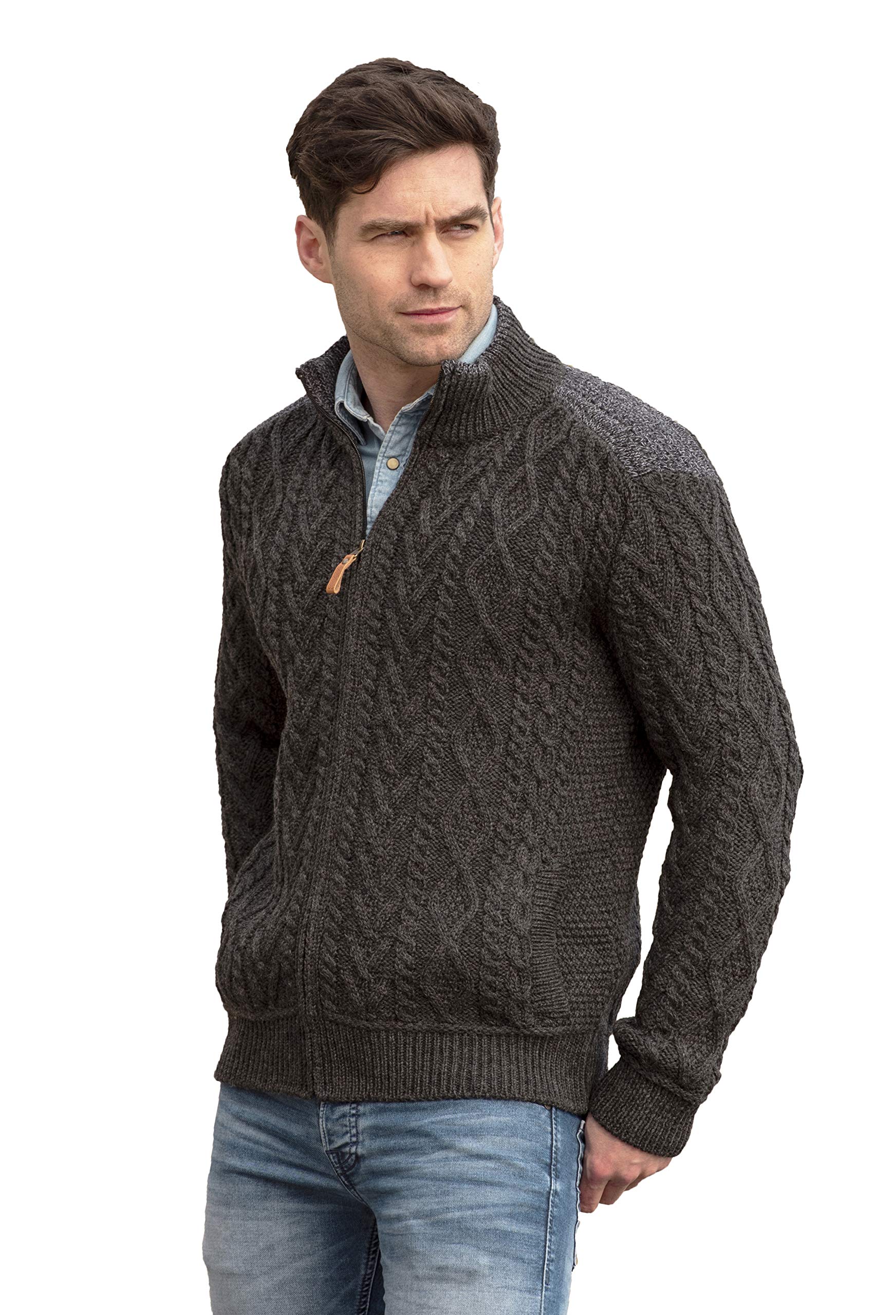 Aran Crafts Men's 100% Merino Wool Cable Knit Zippered Cardigan with Shoulder Detail - Warm Winter Sweater for Office, Casual Outings & Holiday Gatherings