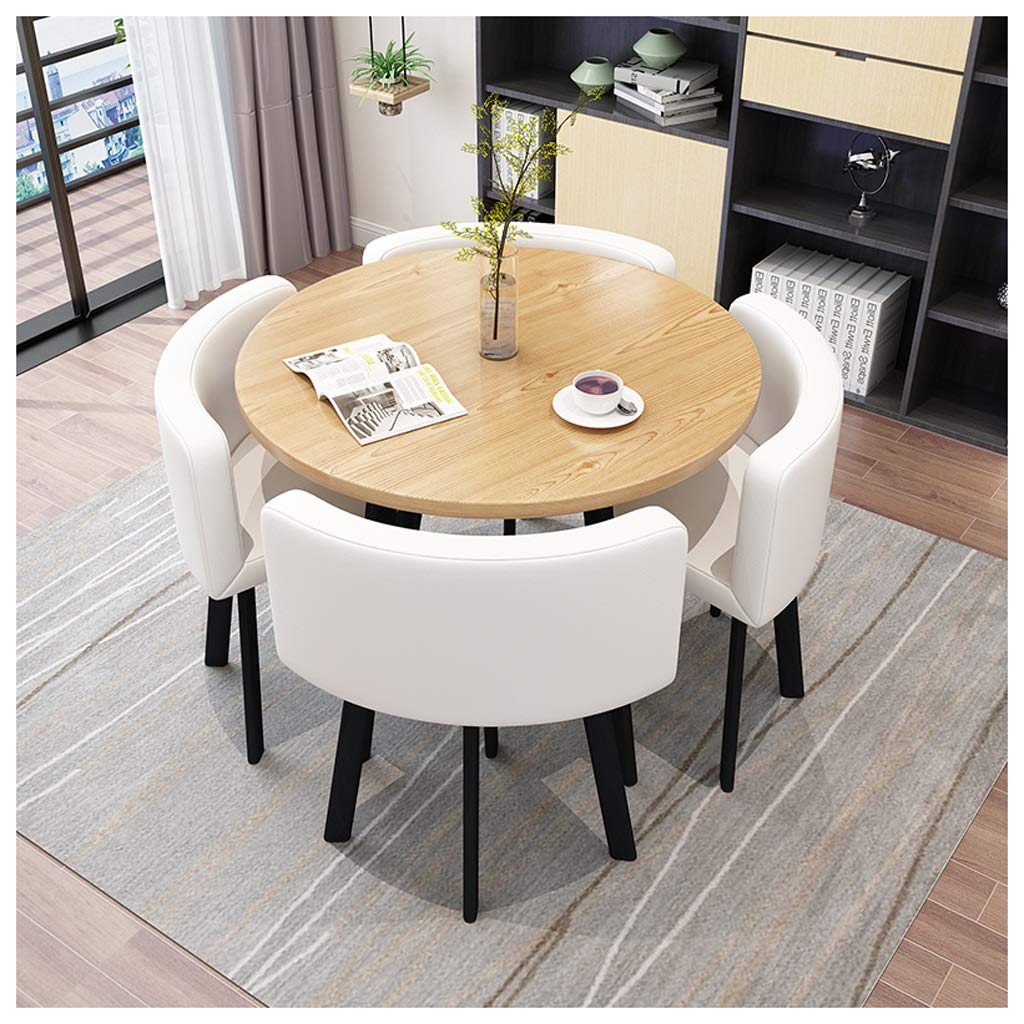 Modern Round Dining Table Set with 4 Chairs - 90cm Solid Wood Table with Leather Seats & Metal Legs for Home, Restaurant, Office - Perfect for Family Meals, Balcony Relaxation & Leisure Gatherings