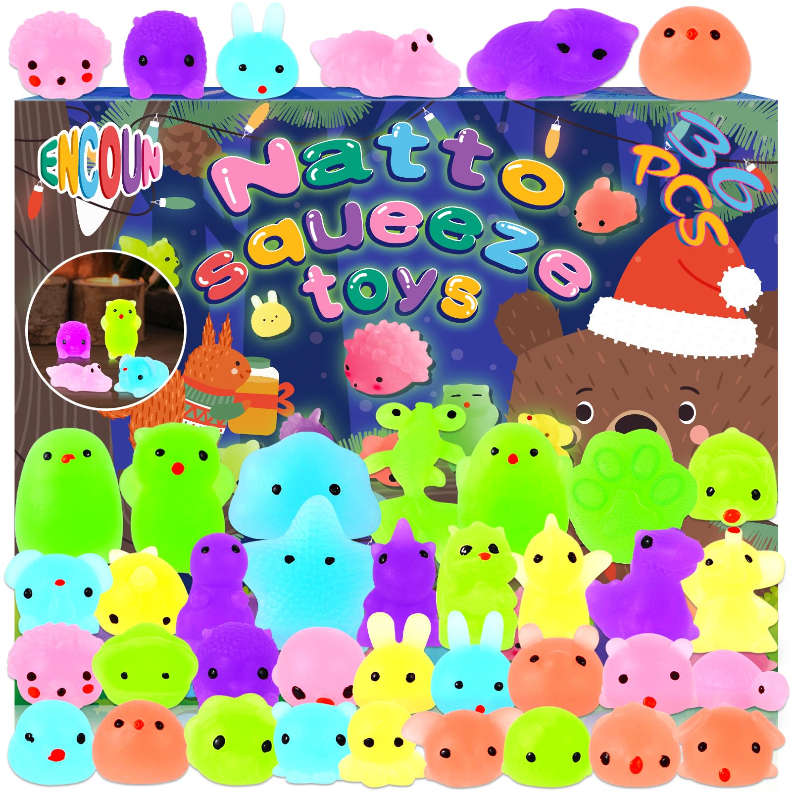 36Pcs Mini Squishy Toys for Kids - Fluorescent Kawaii Animal Stress Relief Squeeze Toys for Party Favors, Christmas, Halloween - Perfect for Sensory Play, Anxiety Relief & Party Giveaways