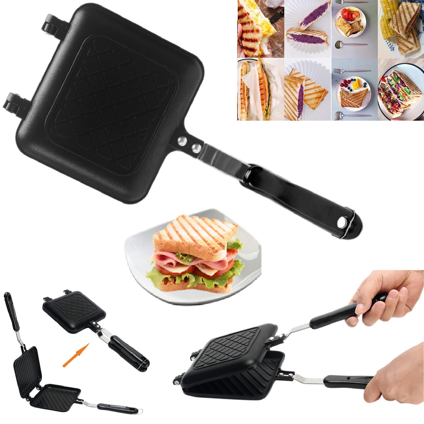 Non-Stick Double-Sided Sandwich Maker - 14.17 Inch Electric Panini Press Grill for Indoor & Outdoor Use - Perfect for Home Kitchen, Breakfast, Waffles & Camping - Easy Flip Design & Even Heating