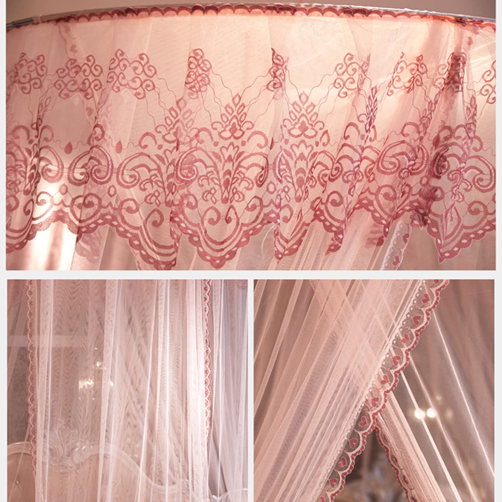 Elegant Beige & Pink Lace Dome Bed Canopy with Mosquito Net for Double & Single Beds - Easy Adhesive Hook Installation, 3M Height - Perfect for Bedroom Decor, Romantic Nights & Outdoor Camping