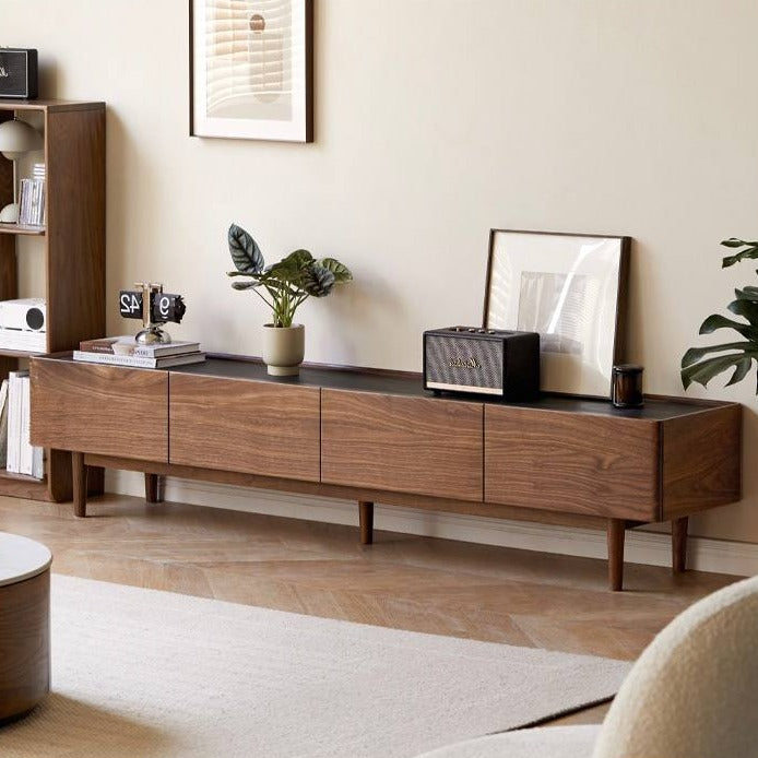 Modern Black Walnut Solid Wood TV Stand with Slate Top - Perfect for Living Room, Home Theater & Entertainment Center Storage