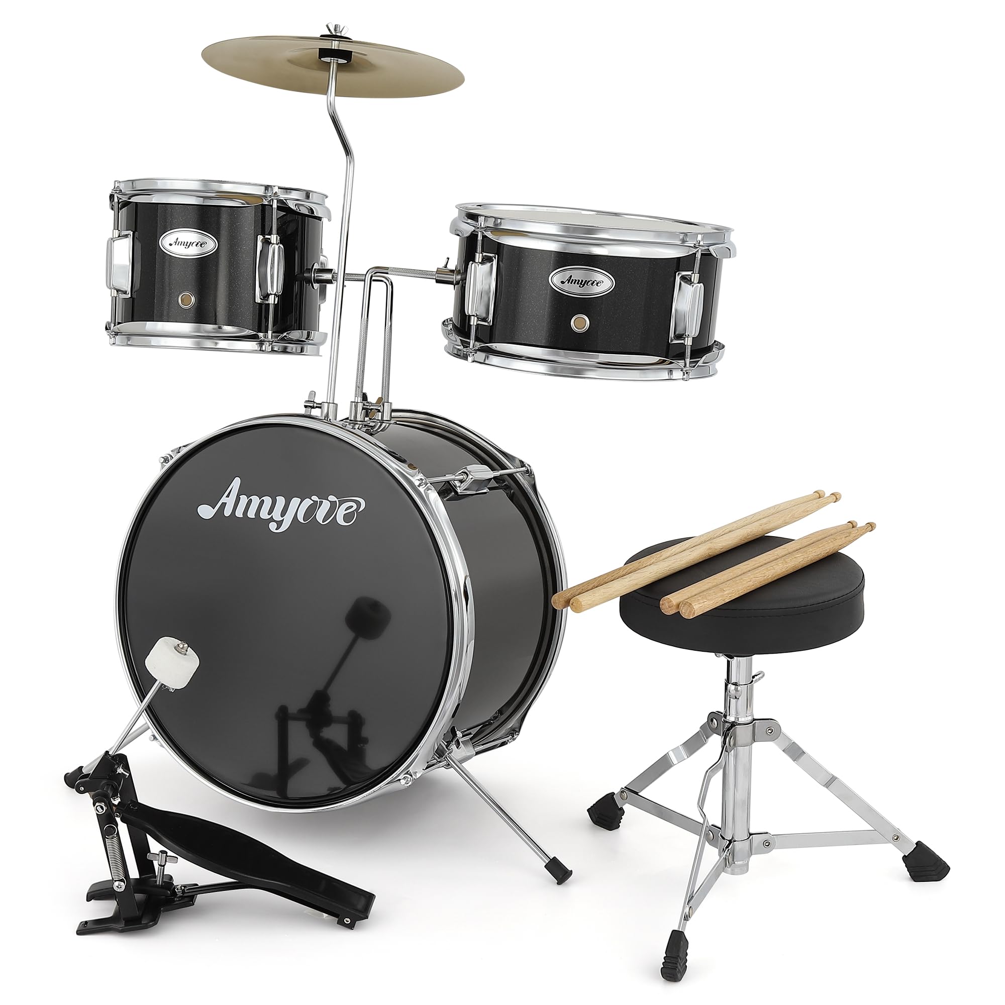 3-Piece Junior Drum Set with Cymbal, Tom, Bass Drum, Drumsticks, Pedal & Stool - Complete Beginner Drum Kit for Kids & Teens - Perfect for Home Practice, Music Lessons & Rock Band Performances (Black)