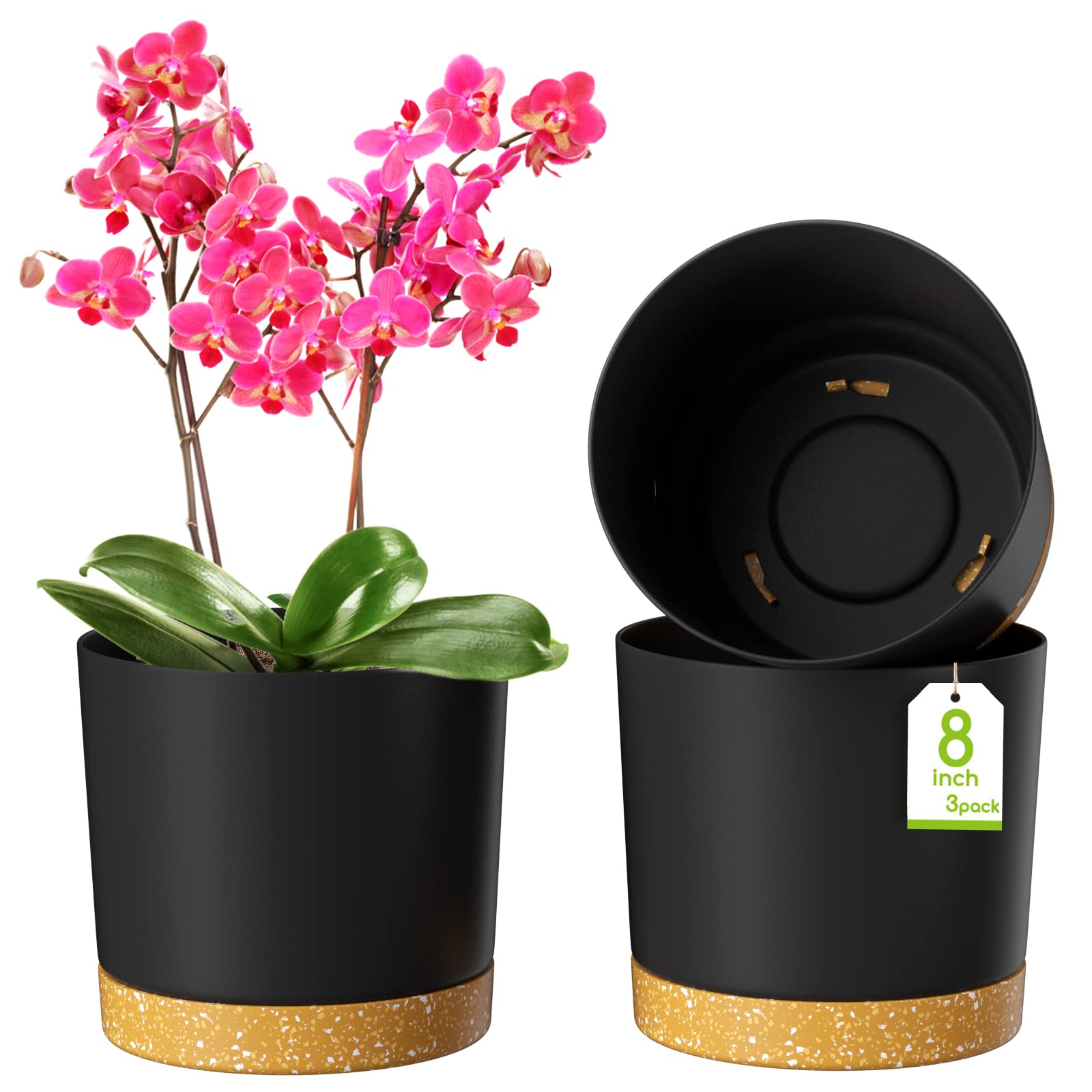 ZMTECH 8'' Self Watering Plant Pots Set of 3 - Modern Plastic Planters with Drainage Hole & Saucer for Indoor Outdoor Plants, Succulents, Flowers - Dark Gray Decorative Flower Pots for Home, Office, Garden & Balcony