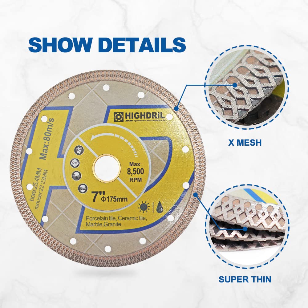 HIGHDRIL 7 Inch Diamond Saw Blade - 3 Pack Turbo X Mesh Diamond Tile Cutting Disc for Porcelain, Ceramic, Granite & Marble - Dry or Wet Use Circular Saw Blades for DIY & Professional Tile Installation