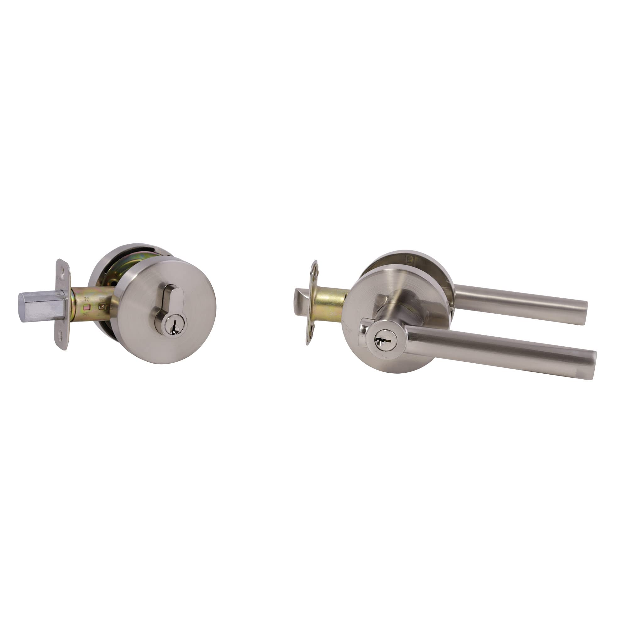 Design House 580985 Eastport Entry Combo - 6-Piece Satin Nickel Door Hardware Set for Home & Office Entryway (Includes Knob, Lever, Deadbolt & Strike Plate) - Perfect for Front Doors, Back Doors & Interior Doors