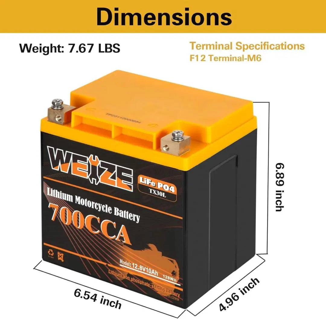 WEIZE 12V 10AH 700CCA LiFePO4 Lithium Motorcycle Battery - Lightweight & Long-Lasting Power for Harley, Honda, Yamaha & More - Perfect for Cruisers, Touring Bikes & Off-Road Adventures