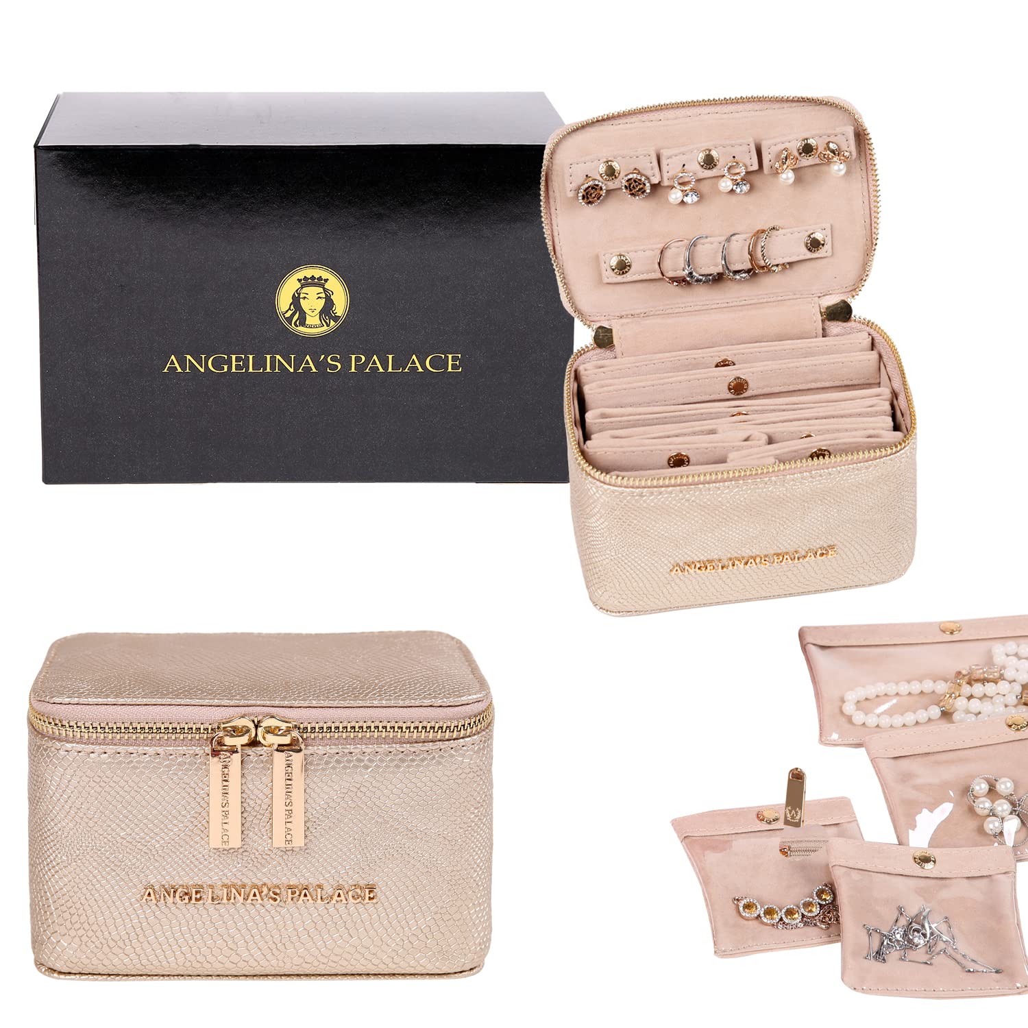 Angelina's Palace Snakeskin Pattern Jewelry Organizer Case - Vegan Leather Travel Jewelry Box for Necklaces, Earrings, Bracelets & Rings - Perfect Bridesmaid Gift & Wedding Accessory (Champagne)