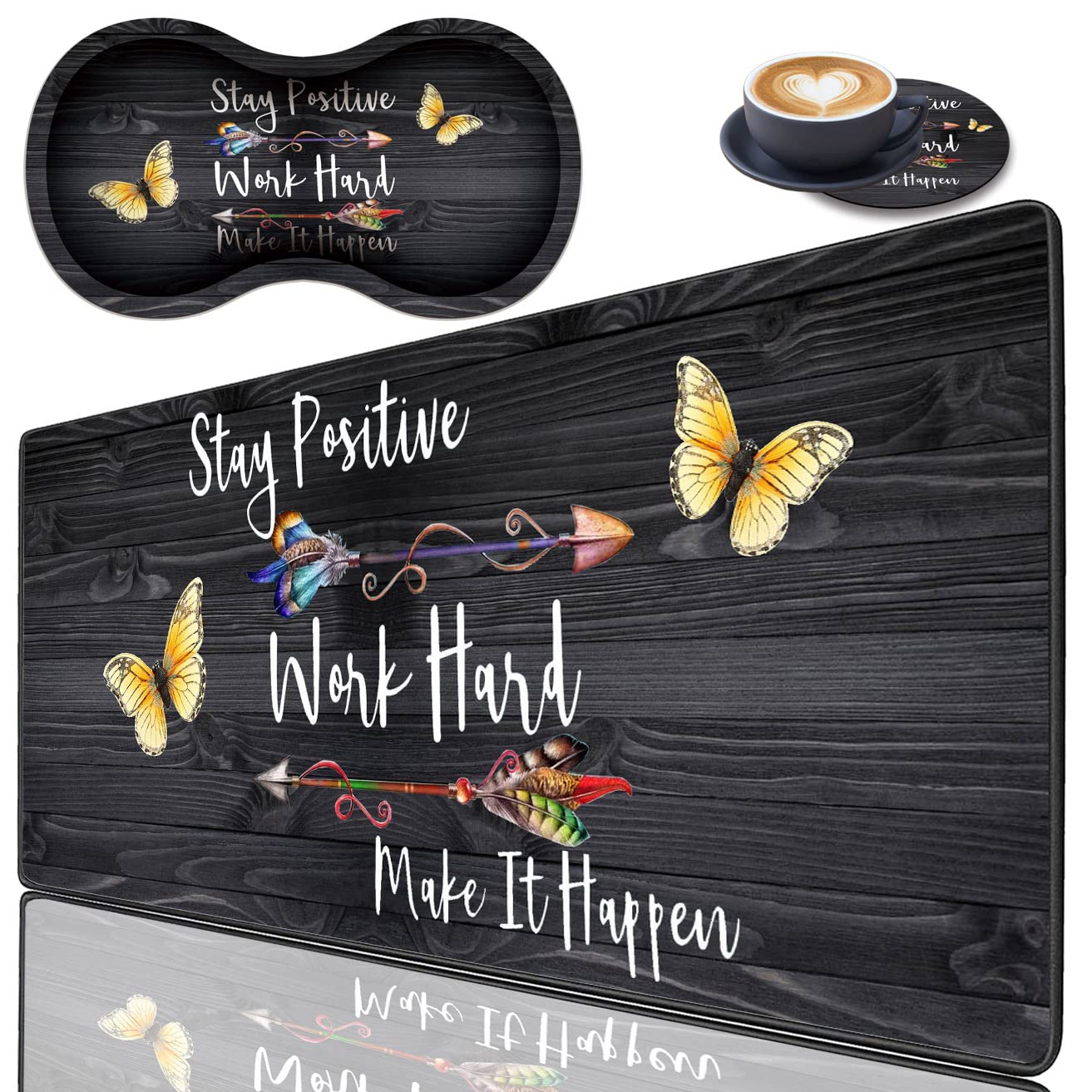 3-Piece Premium Mouse Pad Set with Stitched Edge - Extra Large Non-Slip Desk Mat, Keyboard Pad & Memory Foam Wrist Rest - Includes Bonus Coaster - Motivational 