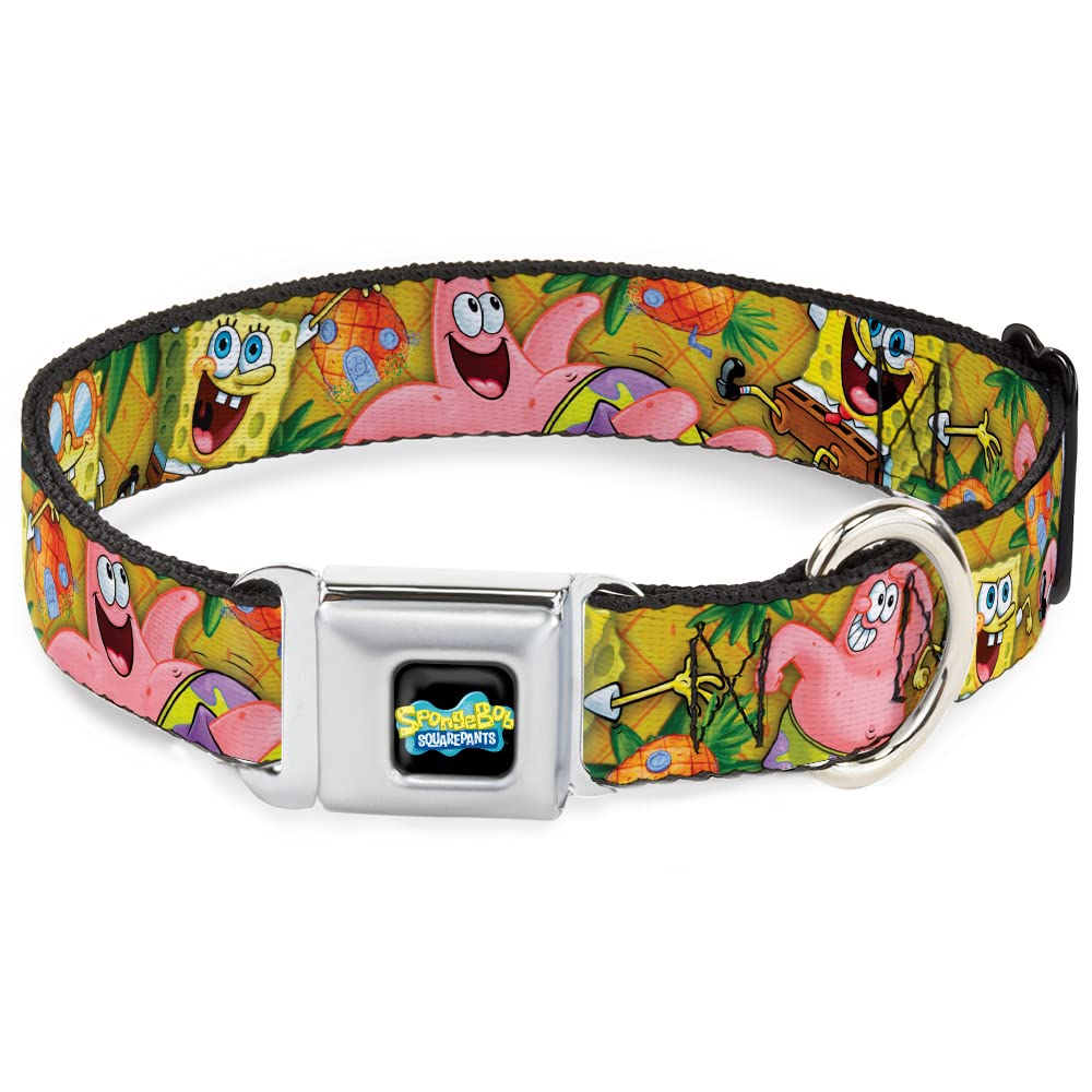 SpongeBob & Patrick Starfish Dog Collar with Seatbelt Buckle - 16 to 23 Inches Adjustable, 1.5 Inch Wide - Fun Cartoon Pet Accessory for Walks, Travel & Costume Parties