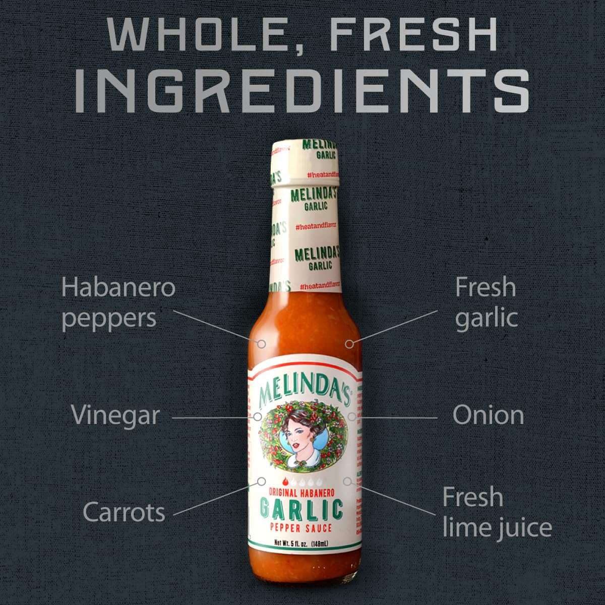 Melinda’s Garlic Habanero Hot Sauce - Spicy Gourmet Hot Sauce with Habanero Peppers, Carrots & Onion - Keto, Vegan, Gluten Free, Kosher Certified - 5oz Bottle (Pack of 4) - Perfect for Tacos, Wings & Grilling
