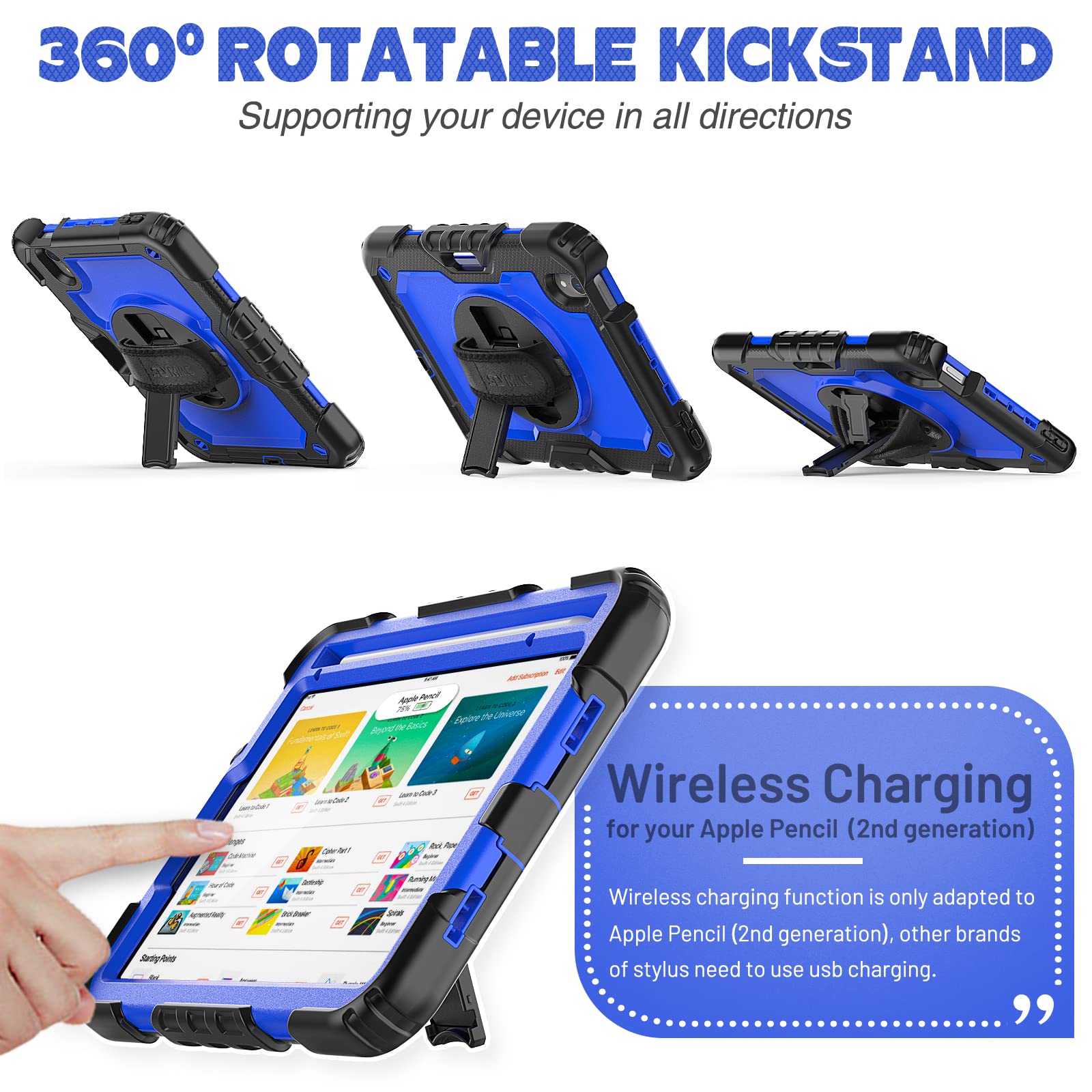 SEYMAC 360 Rotating Stand Case with Screen Protector & Pencil Holder for iPad Mini 7 (2024, A17 Pro) & iPad Mini 6 (8.3 Inch) - Shockproof Protective Cover with Hand Strap (Blue & Black) - Perfect for Work, Travel, and Entertainment