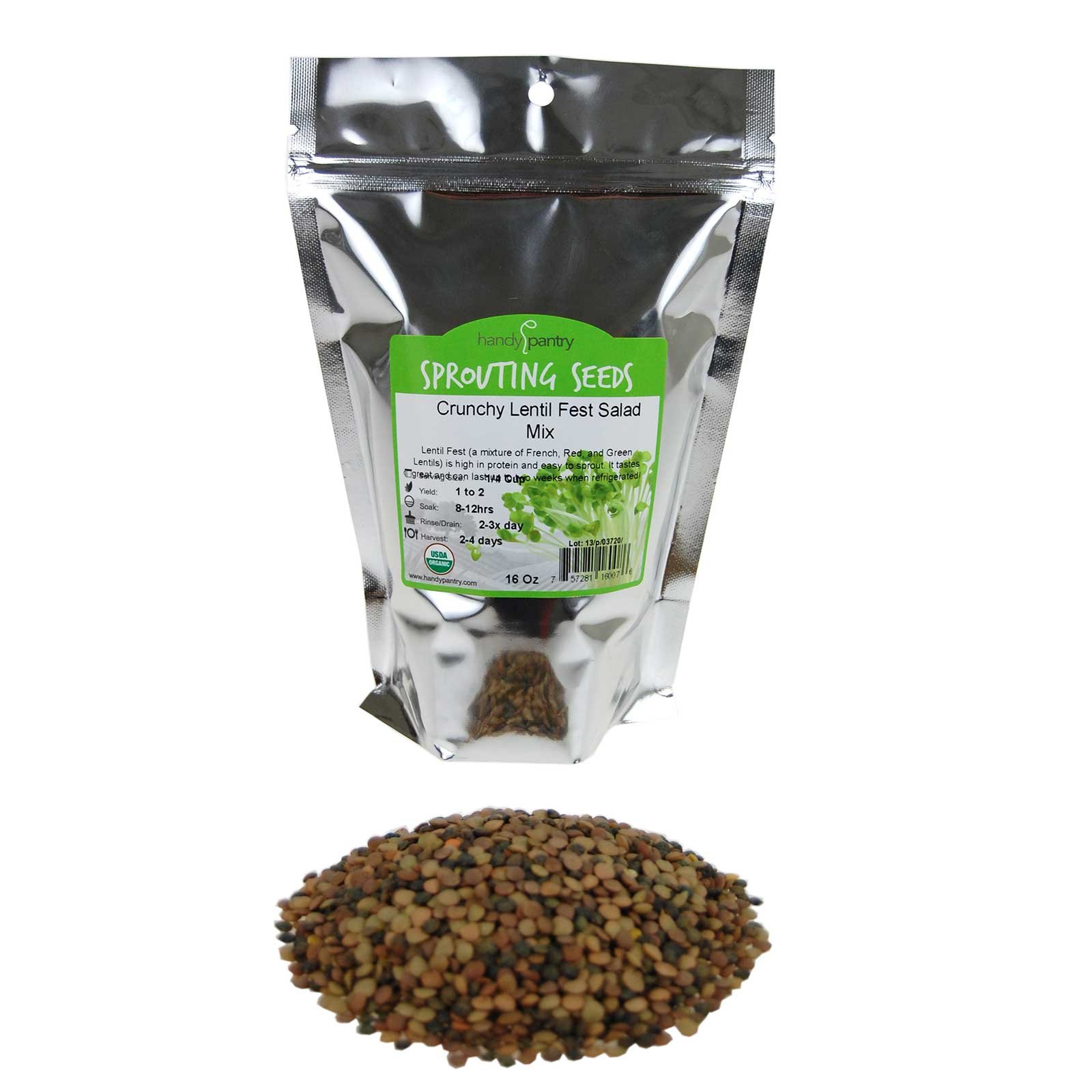 Organic Crunchy Lentil Mix - Green, Red & French Lentils - 1lb for Salads, Soups & Sprouting