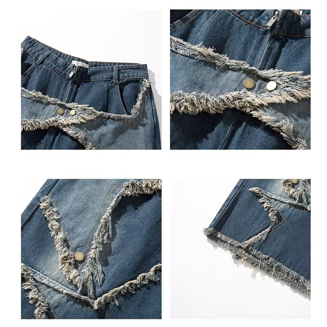 Y2K Jean Jorts Star - Baggy Casual Loose Straight Wide Leg Denim Shorts for Women | Patchwork Grunge Harajuku Streetwear | Perfect for Summer Outfits, Music Festivals & Retro Fashion