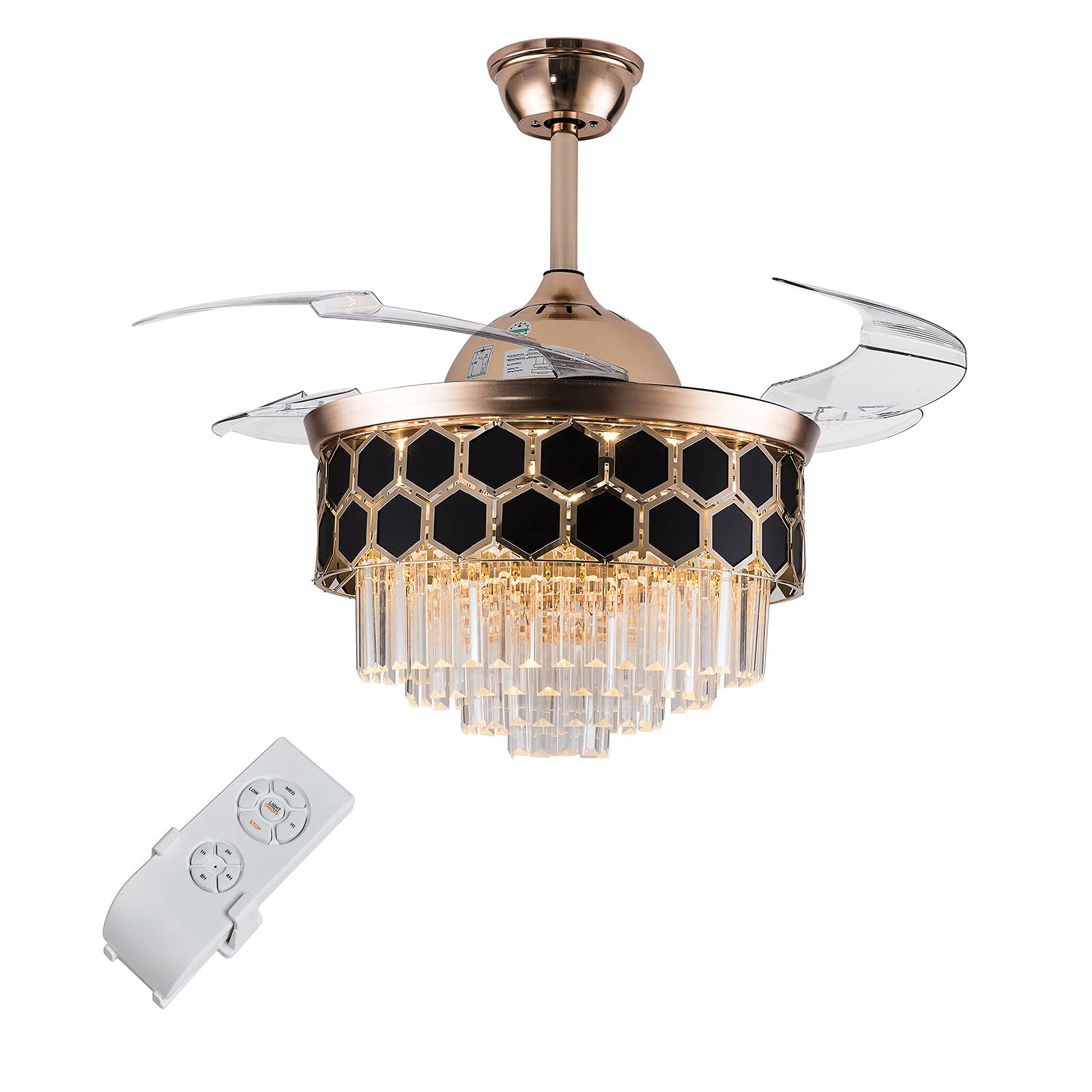 42-Inch Modern Black and Gold Luxury Crystal Dimmable LED Ceiling Fan with Remote Control - Retractable Blades, 3 Speeds & 3 Color Temperatures, Ultra Quiet Motor for Living Room, Bedroom, and Dining Room