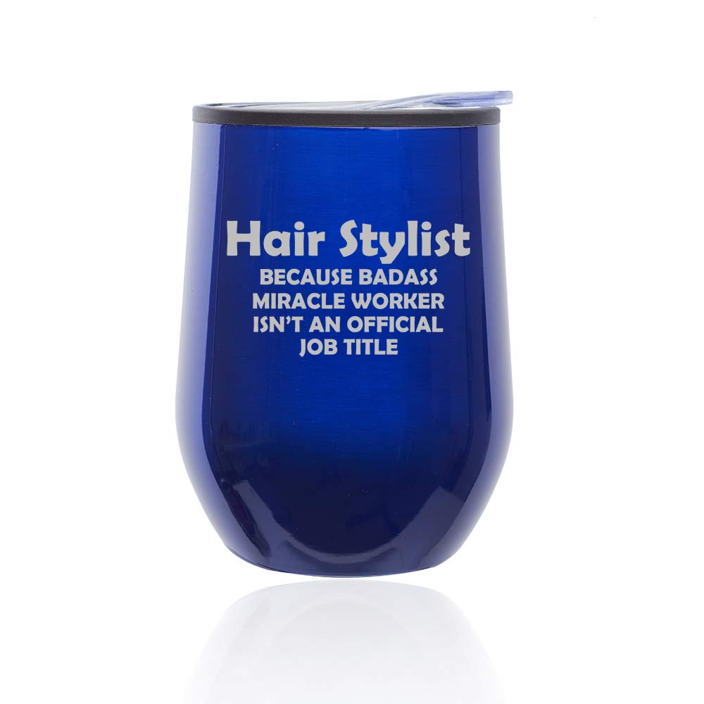 Insulated Stemless Wine Tumbler with Lid - 16oz Shatterproof Glass Coffee Travel Mug for Hot & Cold Drinks, Perfect Gift for Hair Stylists & Miracle Workers (Funny Job Title, Blue) - Ideal for Office, Commute, Picnics & Outdoor Adventures