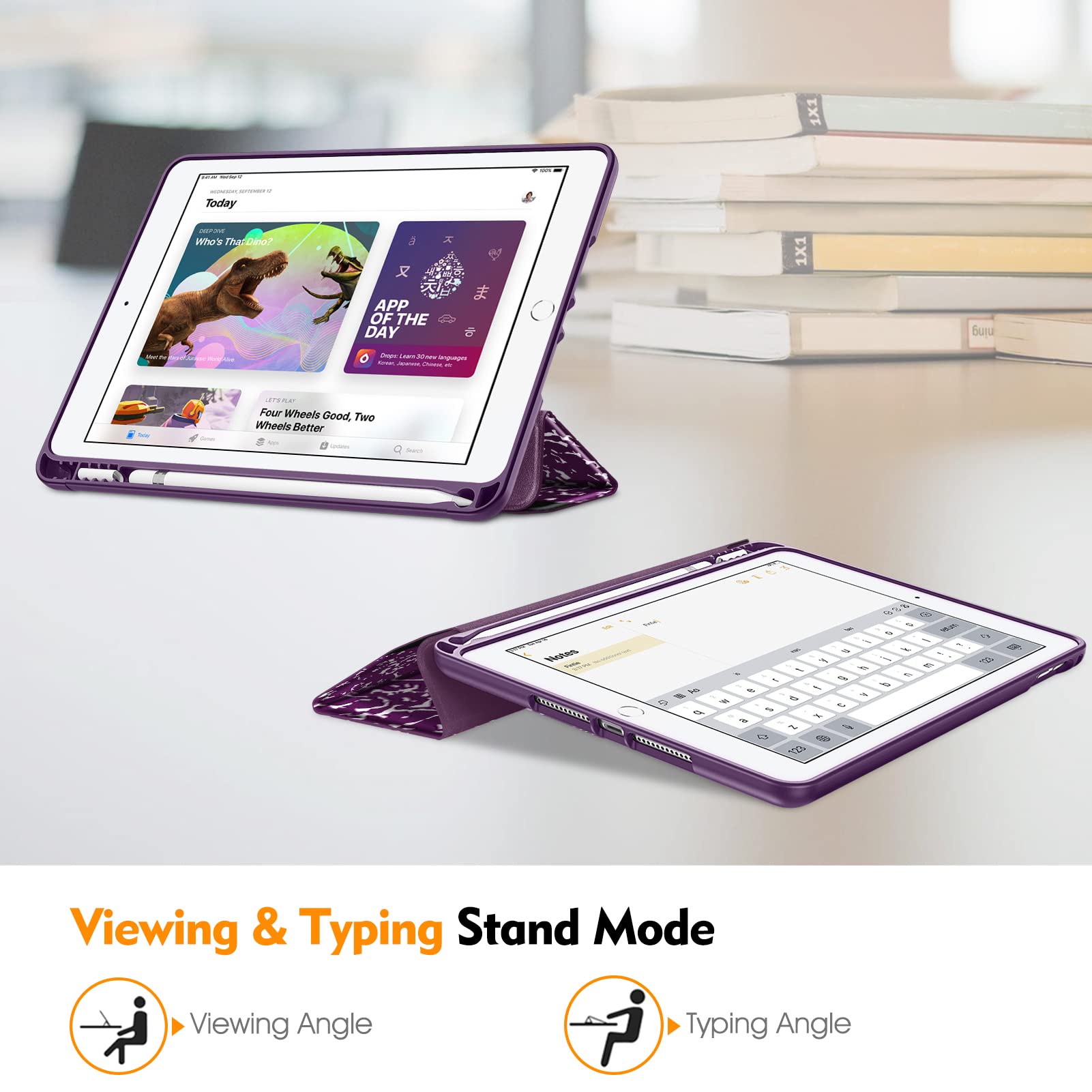 Fintie SlimShell Protective Case for iPad 6th/5th Generation (2018/2017), iPad Air 2/Air 1 (9.7 Inch) - Lightweight TPU Back Cover with Auto Wake/Sleep & Built-in Apple Pencil Holder, Composition Purple - Perfect for Work, School & Travel