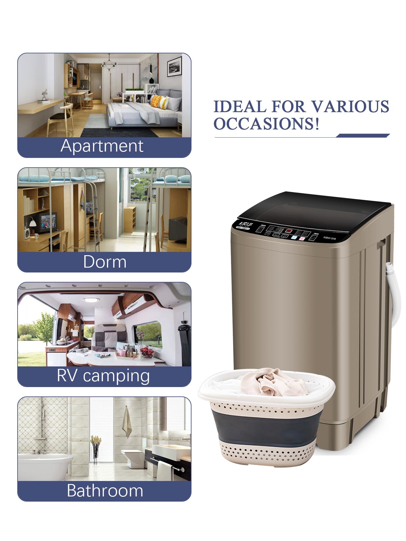 Full-Automatic Compact Washing Machine with Drain Pump - 17.7 lbs Capacity, 10 Wash Programs & 8 Water Levels - Perfect for Apartments, Dorms, RVs, Camping & Small Spaces - Gold Color