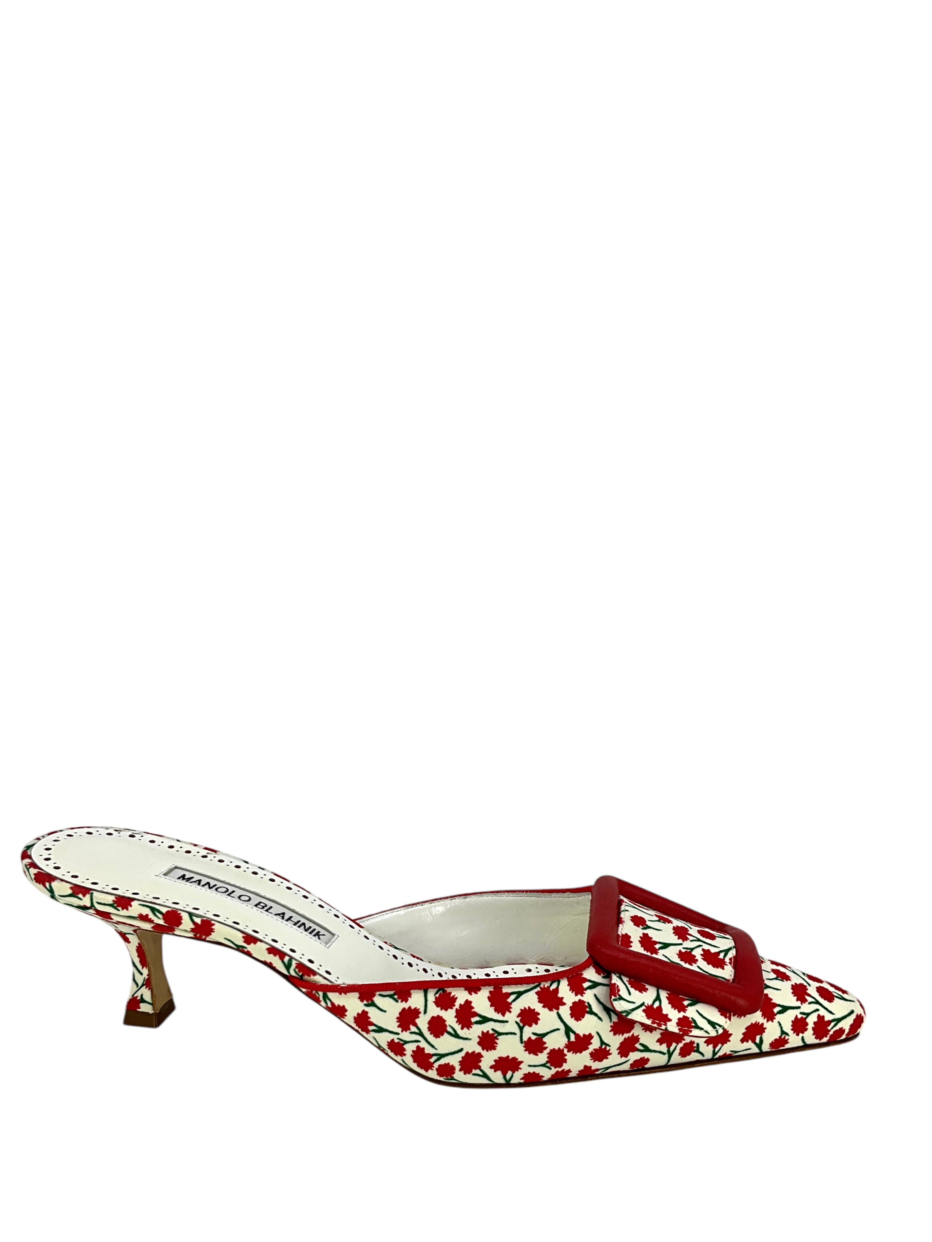 Manolo Blahnik Maysalebi Floral Satin Buckle Mules - Women's Size 9 Luxury Heels for Weddings, Parties & Special Occasions