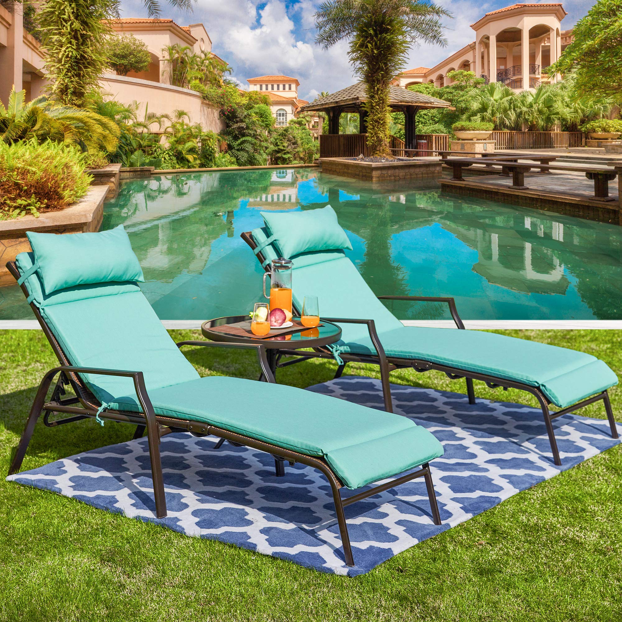 LOKATSE HOME 3-Piece Outdoor Patio Chaise Lounge Chair Set with Cushions & Side Table - Light Blue Waterproof Wicker Furniture for Poolside, Garden, Backyard Relaxation