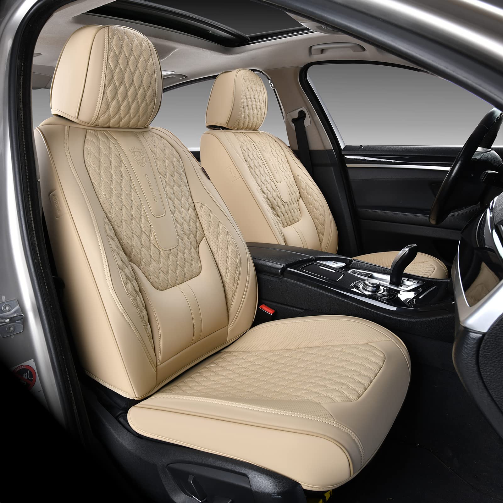 Premium Nappa Leather Front Seat Covers for Cars - Waterproof Universal Fit with Lumbar Support | Compatible with Most SUVs, Trucks & Sedans | Beige Color | Perfect for Daily Commute, Road Trips & Vehicle Protection