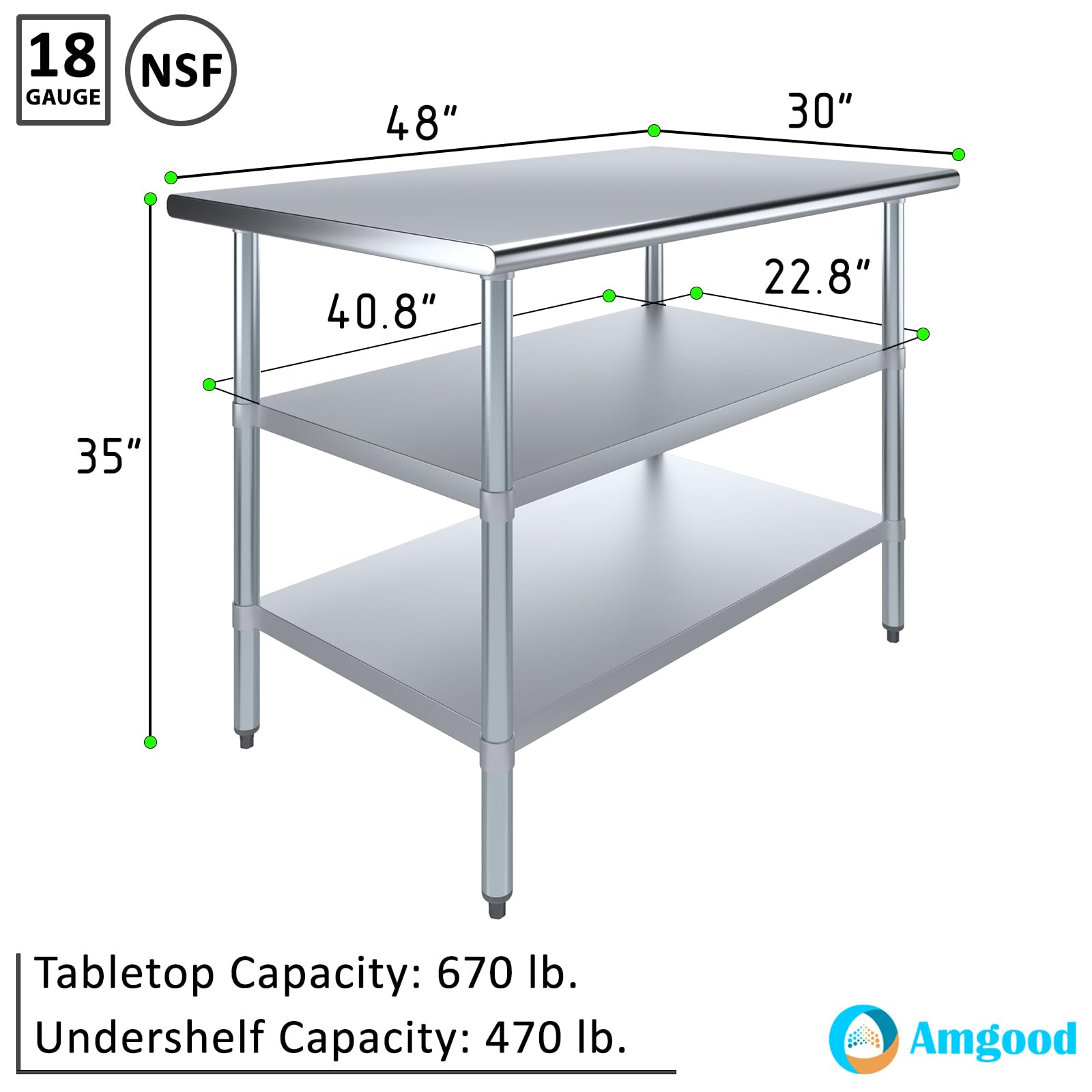 Stainless Steel Work Table with 2 Shelves | Heavy Duty Metal Utility Table for Commercial & Residential Use | NSF Certified 48