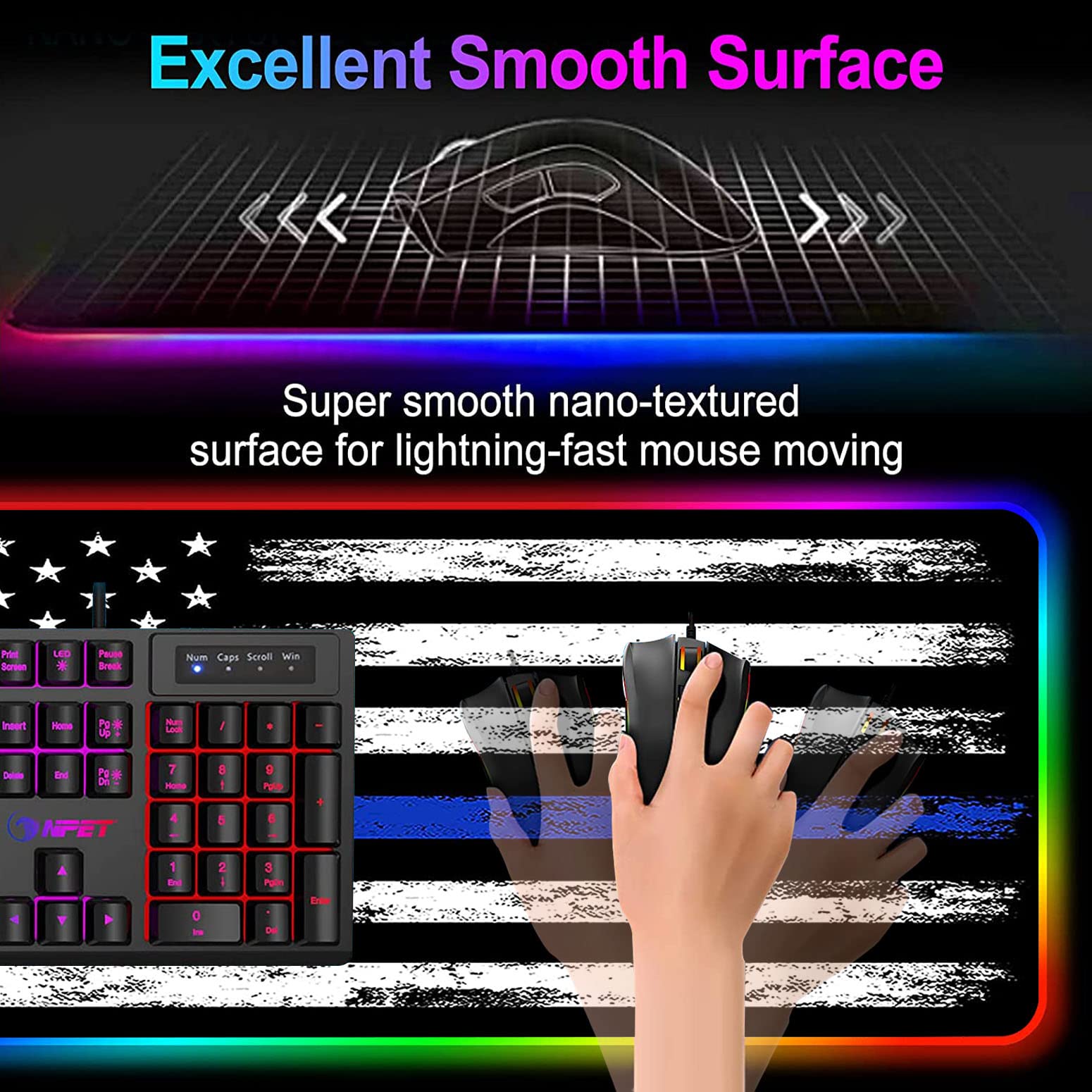 RGB Gaming Mouse Pad with LED Lights - Large Non-Slip Desk Mat for Keyboard & Mouse | Waterproof Optical Surface | Perfect for PC Gaming, Office Work & Streaming Setup | Retro Thin Blue Line American Flag Design