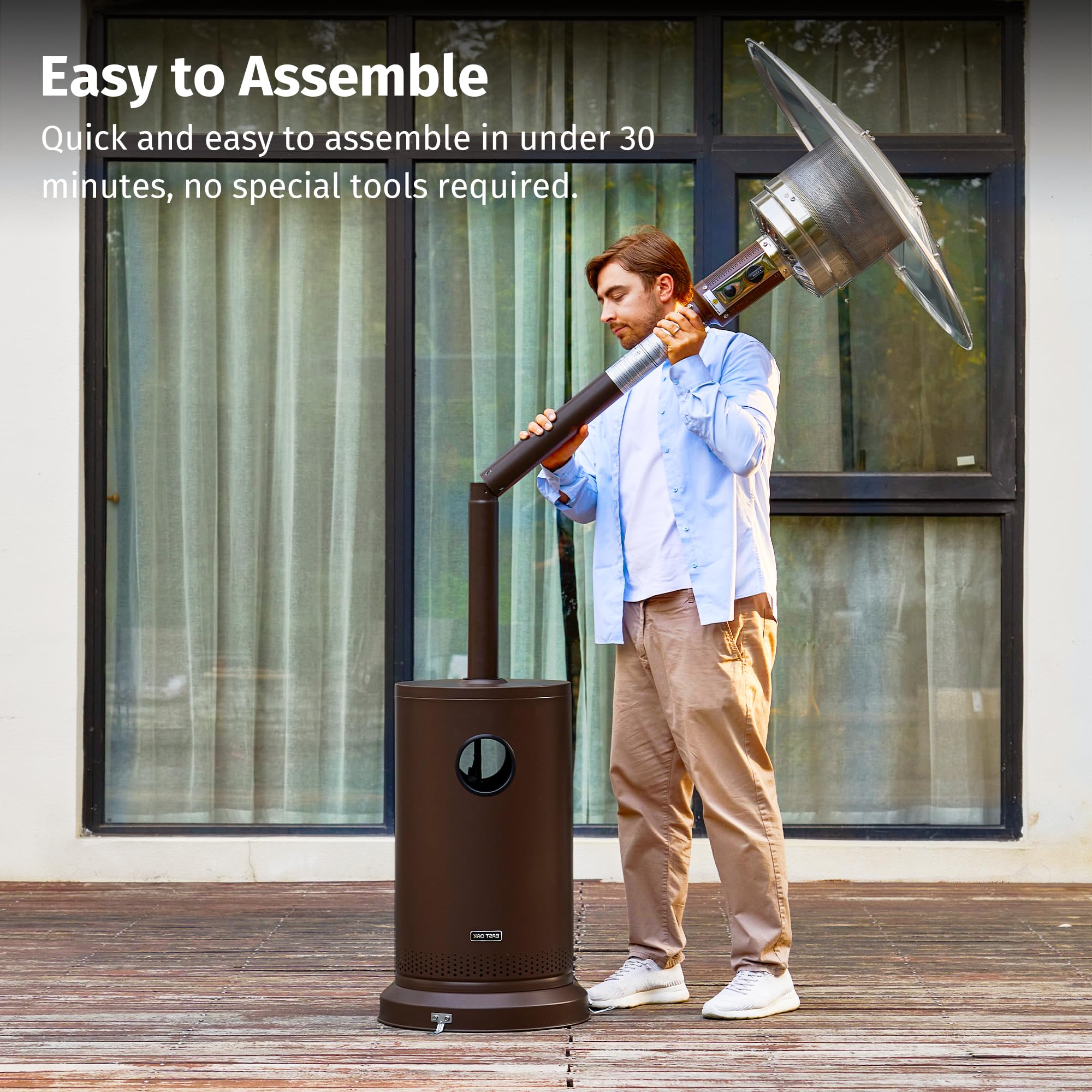 EAST OAK 55,000 BTU Outdoor Propane Patio Heater with Round Table & Stainless Steel Burner - Portable Wheeled Patio Heater for Large Backyards, Gardens, Restaurants, and Commercial Events - Bronze Finish for Warm Outdoor Gatherings in Cold Weather