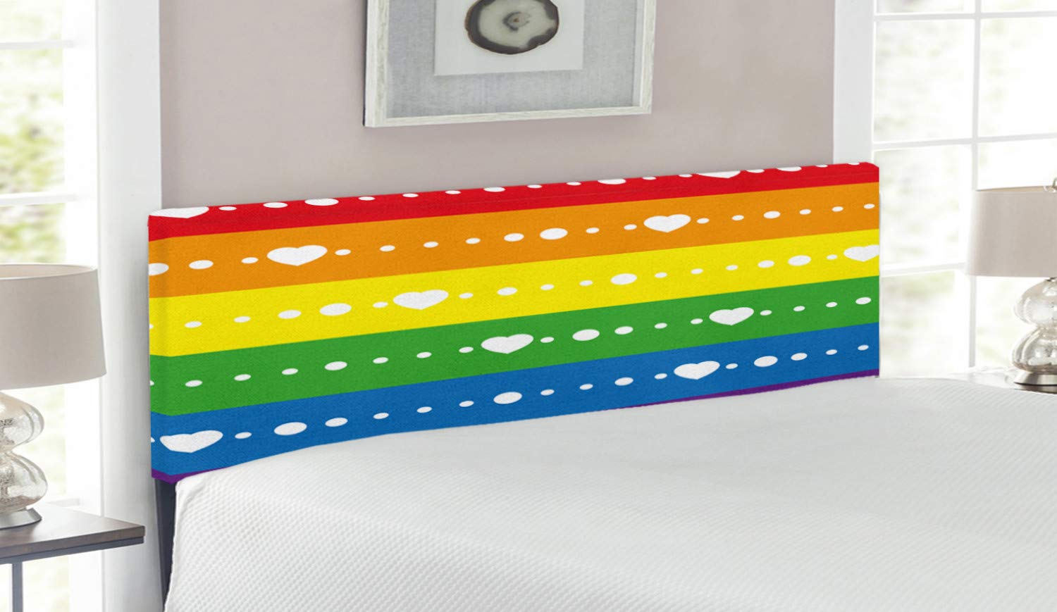 Ambesonne Pride Headboard - Horizontal Striped LGBTQ+ Flag Design with Heart Dots, Upholstered Metal Bed Frame with Memory Foam | Queen Size Multicolor Headboard for Bedroom Decor | Perfect for Pride Month, LGBTQ+ Weddings & Gender-Neutral Room Design