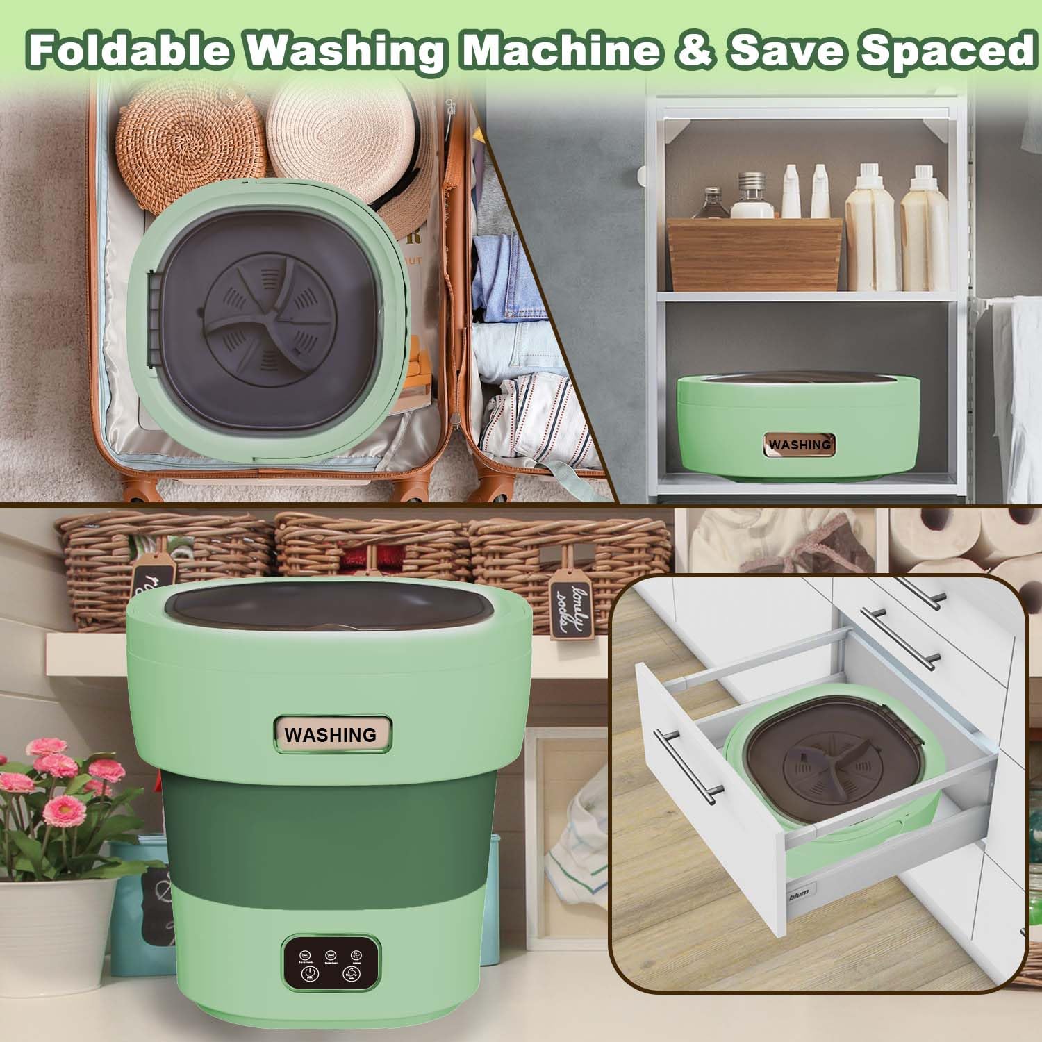 Mini Portable Washing Machine 18L 60W with Spin Dryer - Foldable Compact Washer for Travel, Camping, RV, Dorm & Small Apartments | Green Energy Saving Laundry Solution | Perfect for Outdoor Adventures, Tiny Homes & Off-Grid Living [2024 Clean S+]