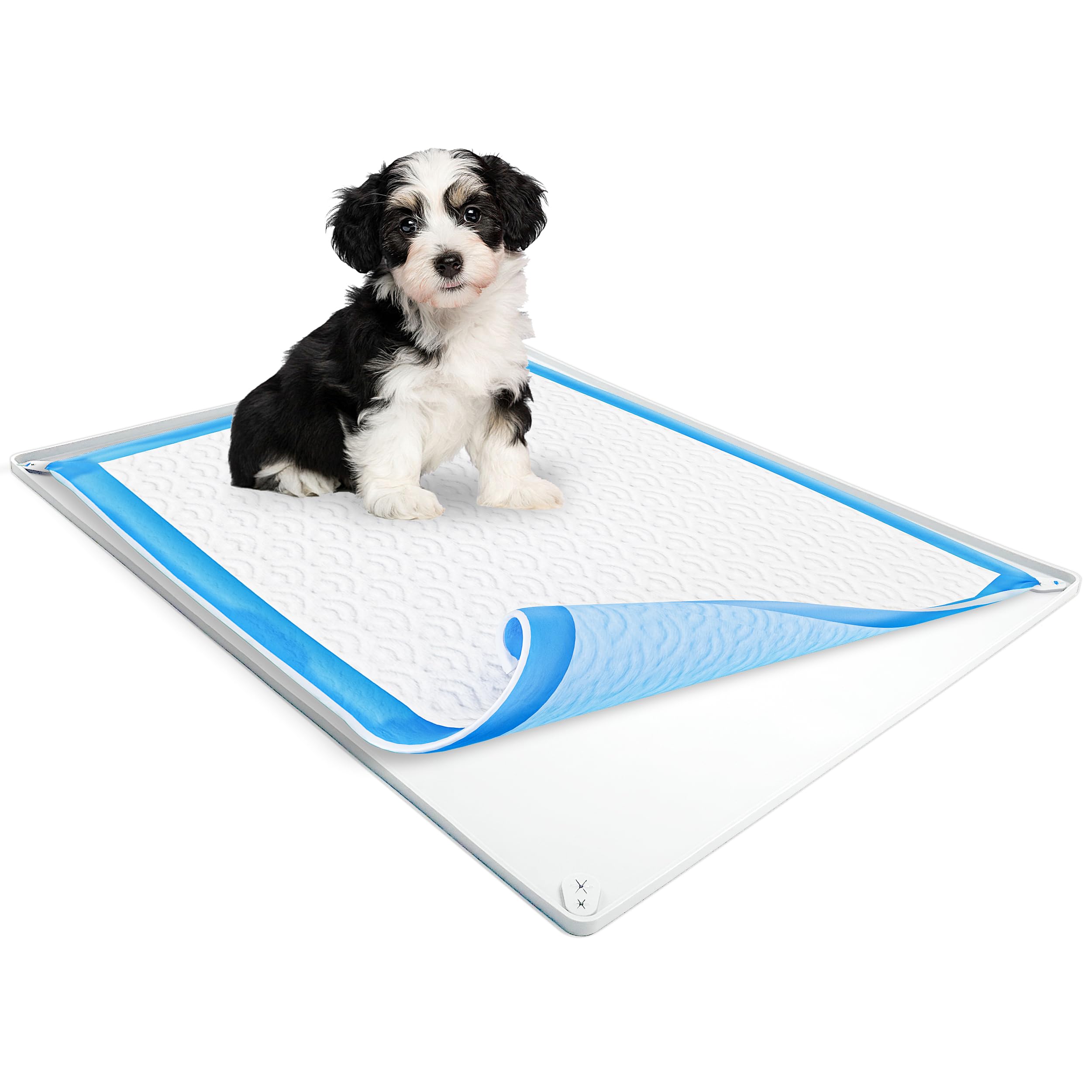 Skywin Dog Pee Pad Holder for 28 x 34 Inch Puppy Training Pads - Non-Slip Silicone Wee Wee Pad Tray with No Spill Design - Easy to Clean & Store Pet Potty Training Accessories (White) - Perfect for Puppy Housebreaking, Crate Training & Indoor Pet Bathroom Use