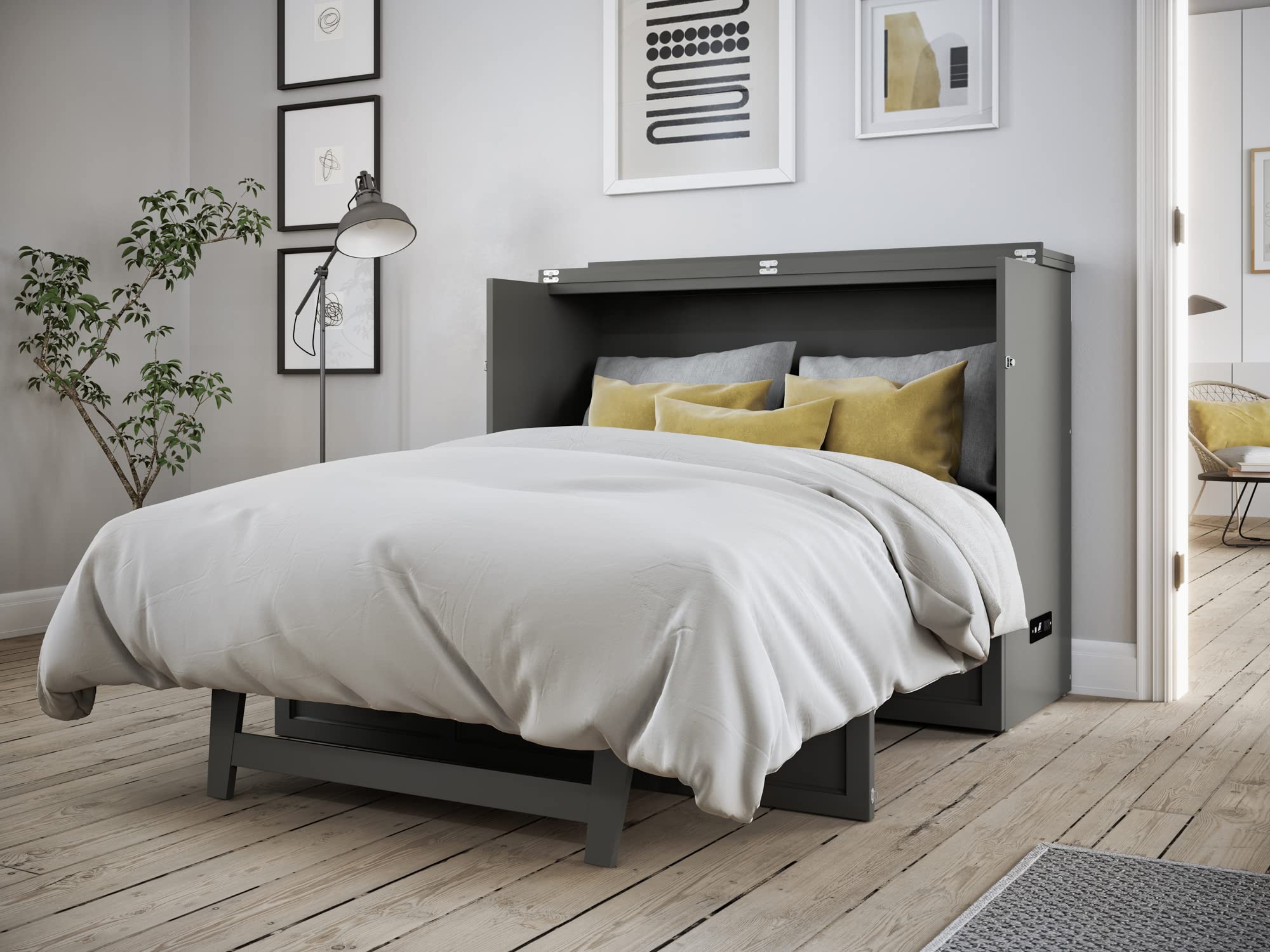AFI Deerfield Full Size Murphy Bed with Built-in USB Charger, Grey - Space Saving Wall Bed for Small Apartments, Guest Rooms & Home Offices