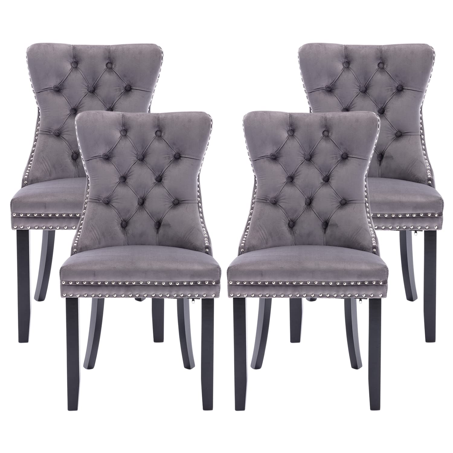 Luxury Velvet Dining Chairs Set of 4 - Tufted Button Back Upholstered Chairs with Nailhead Trim for Kitchen, Dining Room, Bedroom, Restaurant & Cafe - Elegant Grey Home Decor for Modern Interior Design