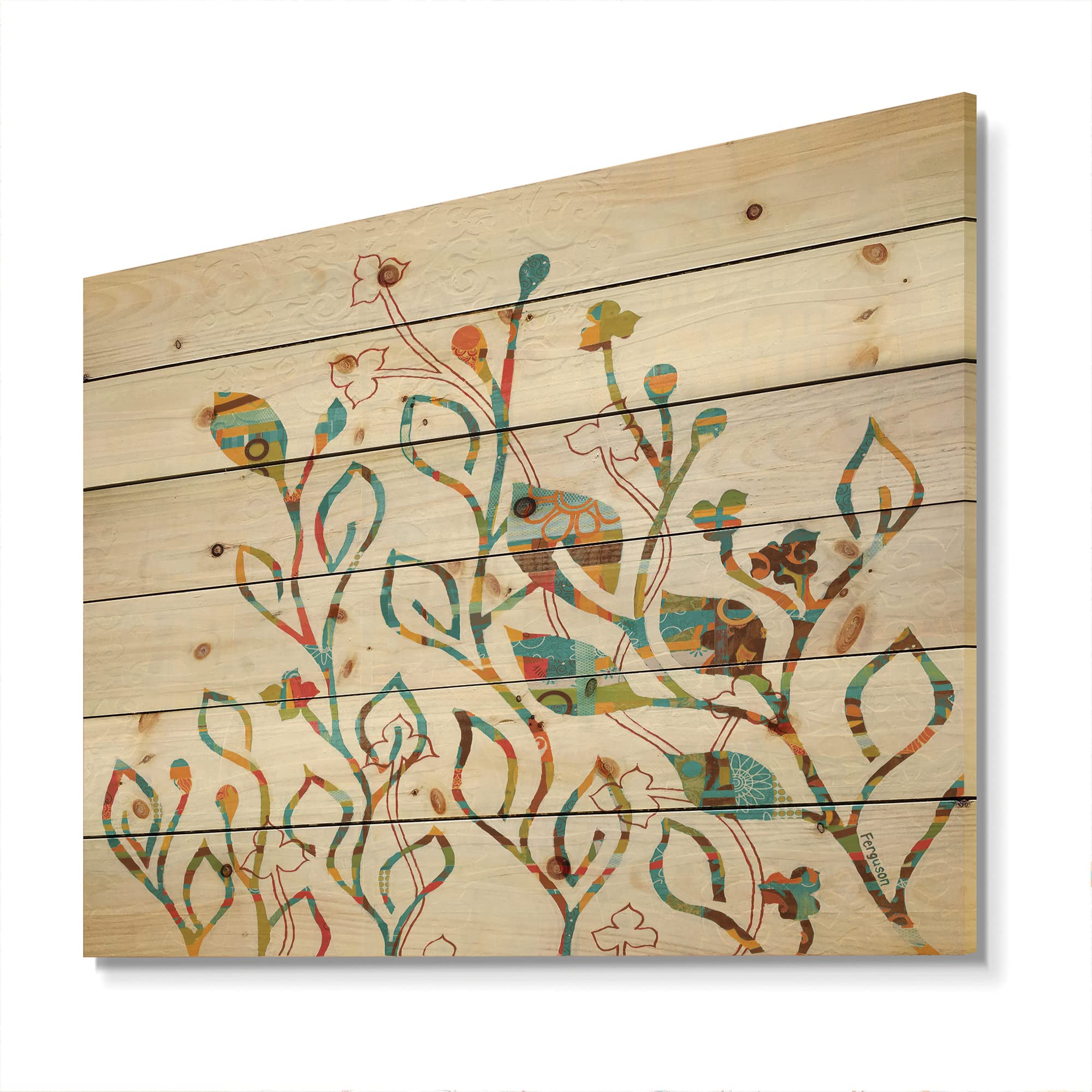 Farmhouse Wood Wall Decor - Rainbow Colored Vines & Flowers Printed on Natural Pine Wood, Large Floral Wall Art Panel for Living Room, Bedroom, Office (Blue Wood Wall Art)