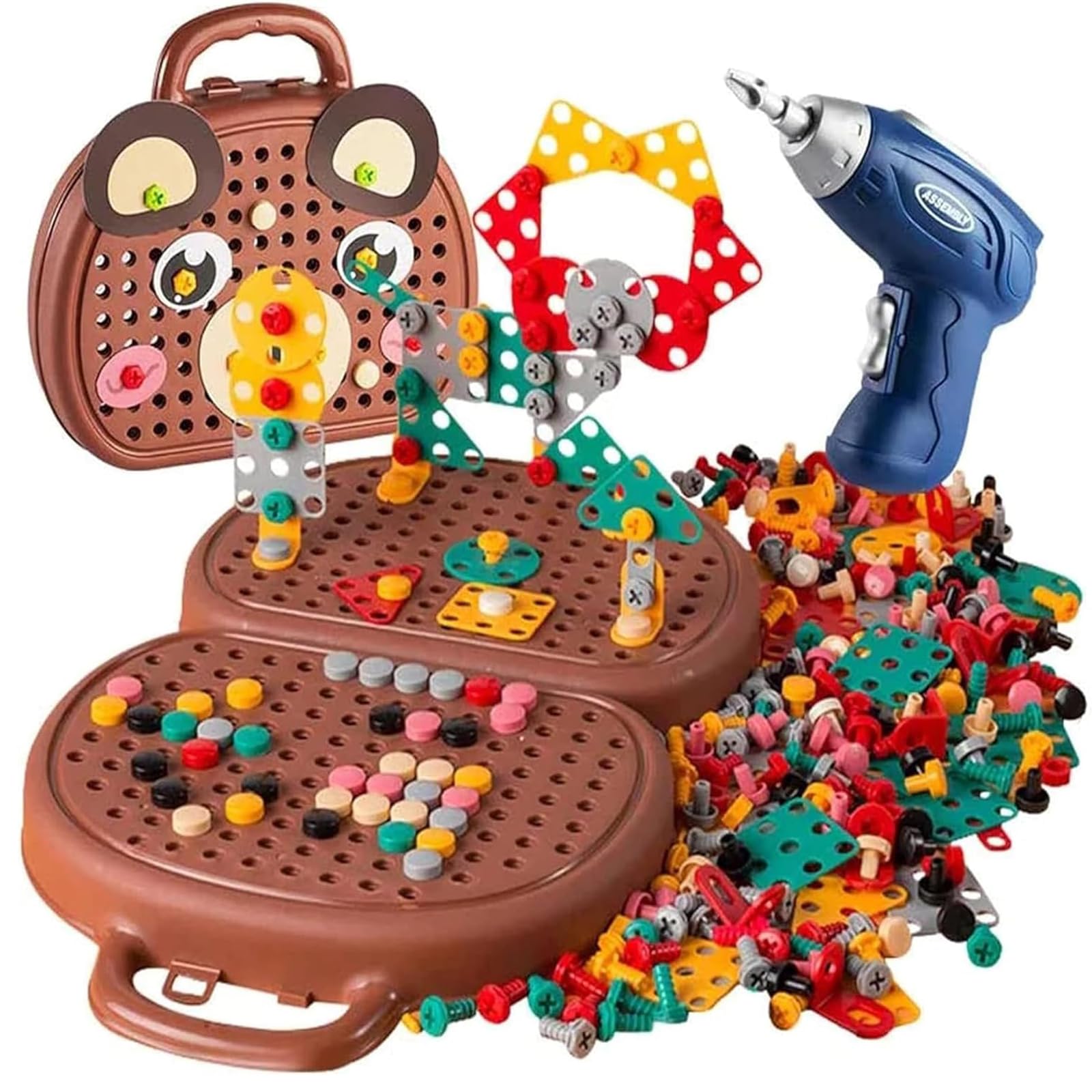 Montessori Play Toolbox with Drill for Kids Ages 3-12 | 2024 Educational Wooden Toy Tool Set | Creative Learning & STEM Activity for Toddlers & Children | Perfect for Pretend Play, Fine Motor Skills Development & Early Childhood Education (Brown)