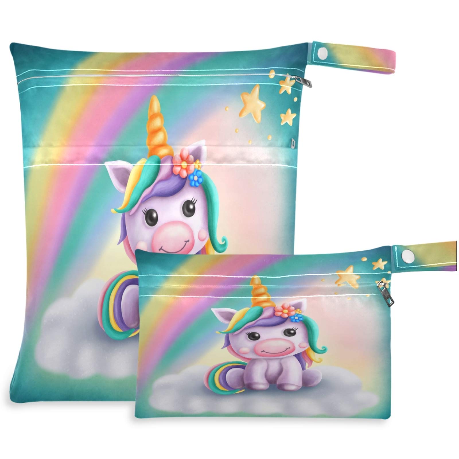 Visesunny 2-Pack Cute Unicorn Rainbow Wet Bags - Waterproof Reusable Zippered Pouch for Swimsuits, Gym Clothes & Diapers - Perfect for Travel, Beach, Pool, Daycare & Stroller Organization - Machine Washable Storage Solution