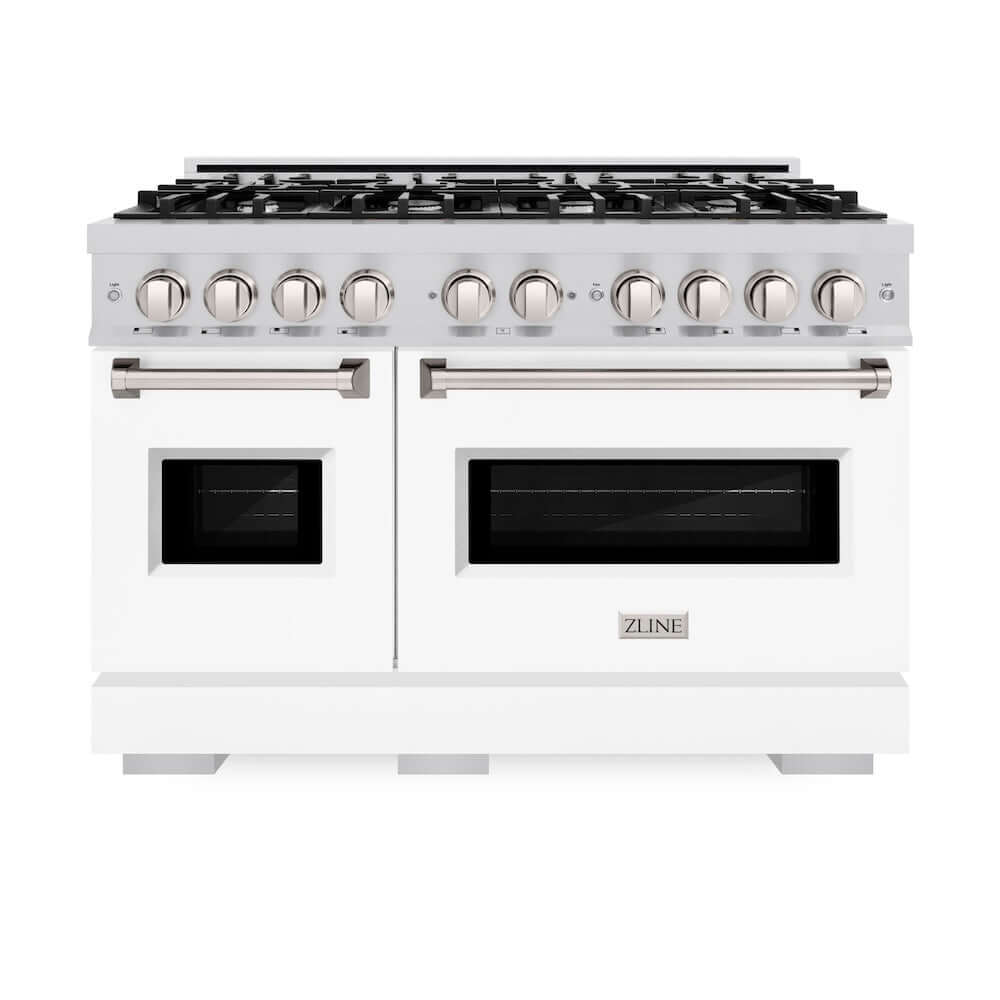 ZLINE 48 Inch 6.7 cu ft Stainless Steel Double Oven Gas Range with 8 Burner Cooktop & White Matte Doors - Perfect for Large Kitchens, Holiday Cooking & Professional Chefs (Model CGR WM 48)