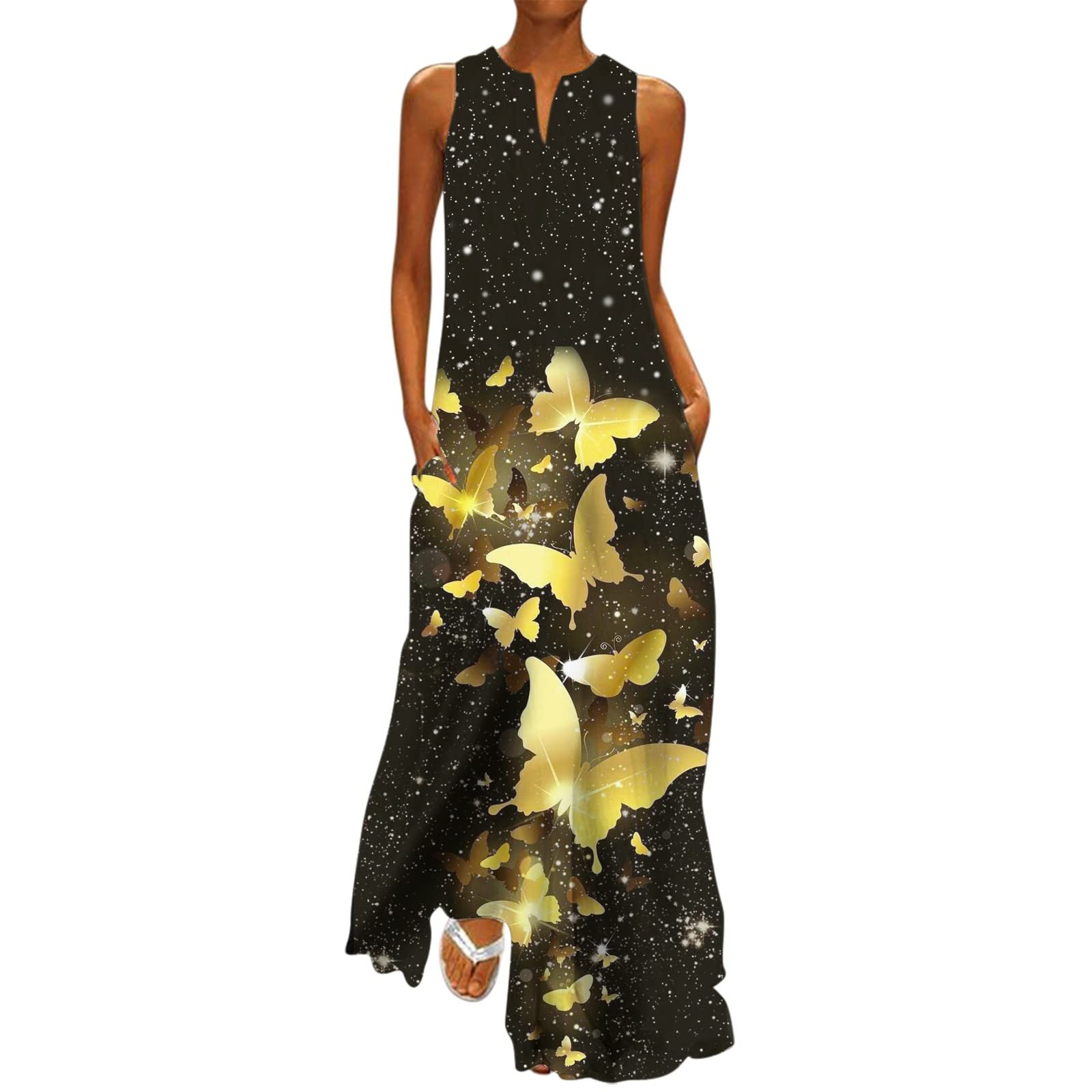 Women's Black Boho Printed V-Neck Sleeveless Maxi Dress - Loose Flowy Beach Dress for Summer, Elegant Long Dress for Vacations, Parties & Casual Outings
