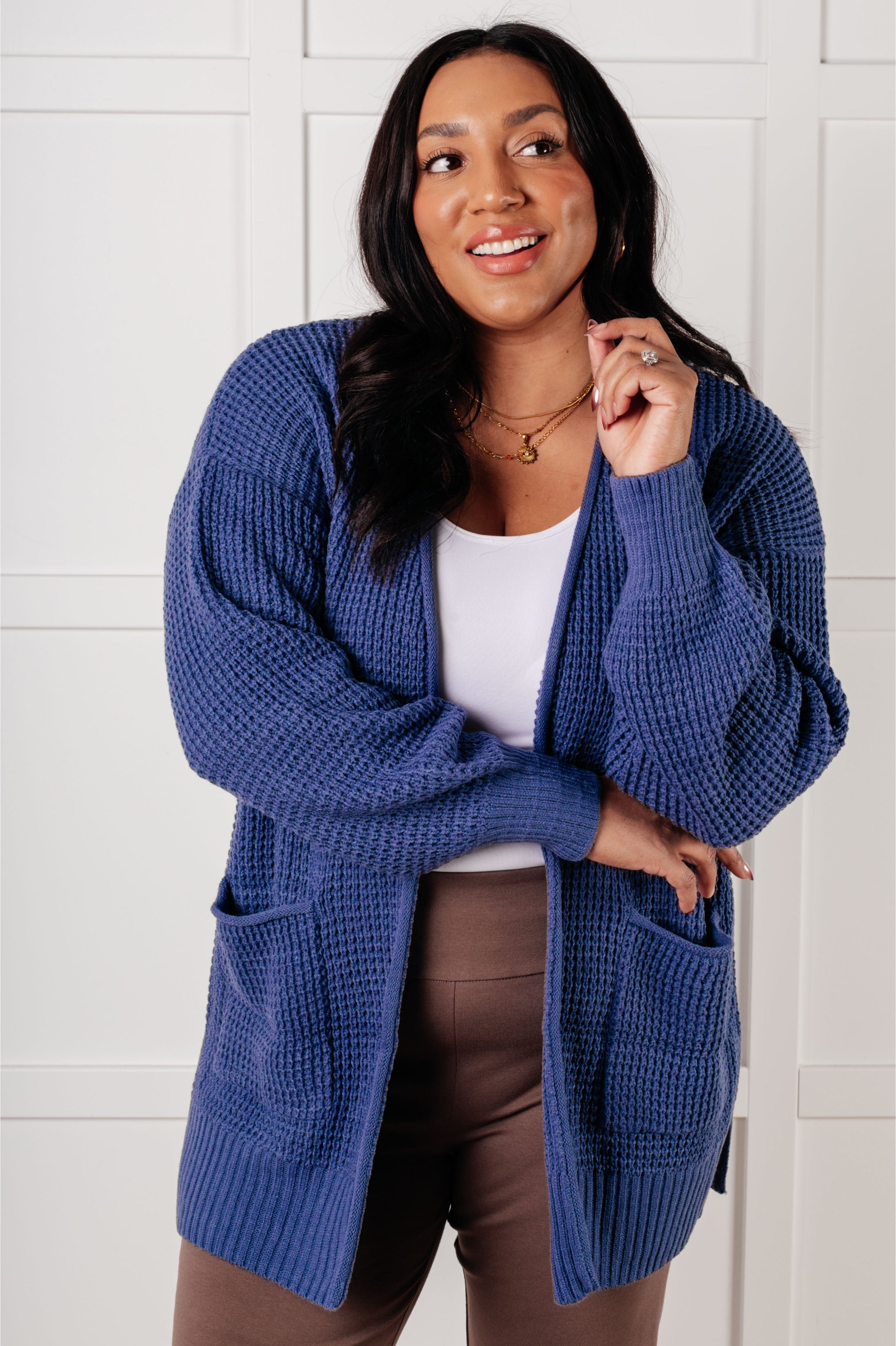 Everything Layer Waffle Knit Open Front Cardigan Sweater - Cozy Marlin Blue Long Sleeve Wrap Cardigan for Women | Perfect for Fall, Winter & Layering Outfits