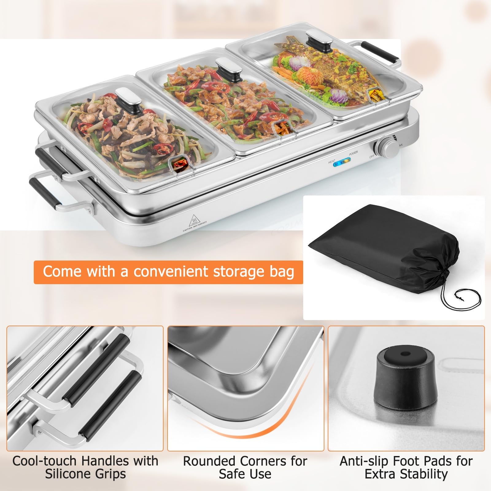 Giantex 2-in-1 Electric Buffet Server & Food Warmer with 3 Stainless Steel Pans (8 QT) - Adjustable Temperature, Dishwasher Safe - Perfect for Holiday Parties, Catering Events & Buffet Serving