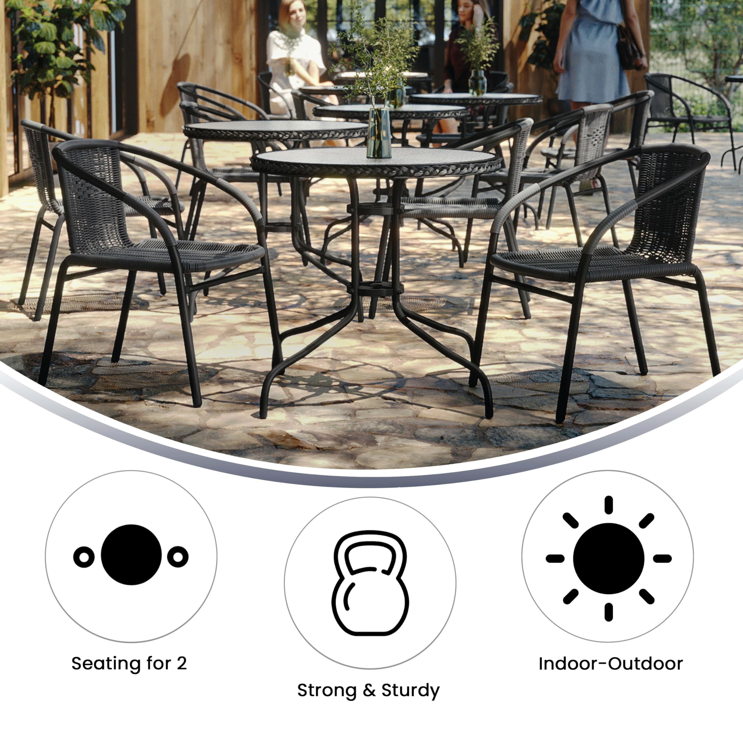 Flash Furniture 3-Piece Outdoor Dining Set - Round Glass Top Metal Table with 2 Stackable Wicker Chairs, Gray Bistro Set for Patio, Garden, Balcony & Backyard Relaxation