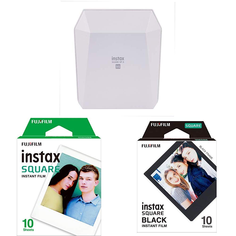 Fujifilm Instax SHARE SP-3 Wireless Photo Printer (White) with 20 Sheets Instax SQUARE Film - 10 White & 10 Black Borders - Print from Smartphone for Parties, Travel & Home Decor