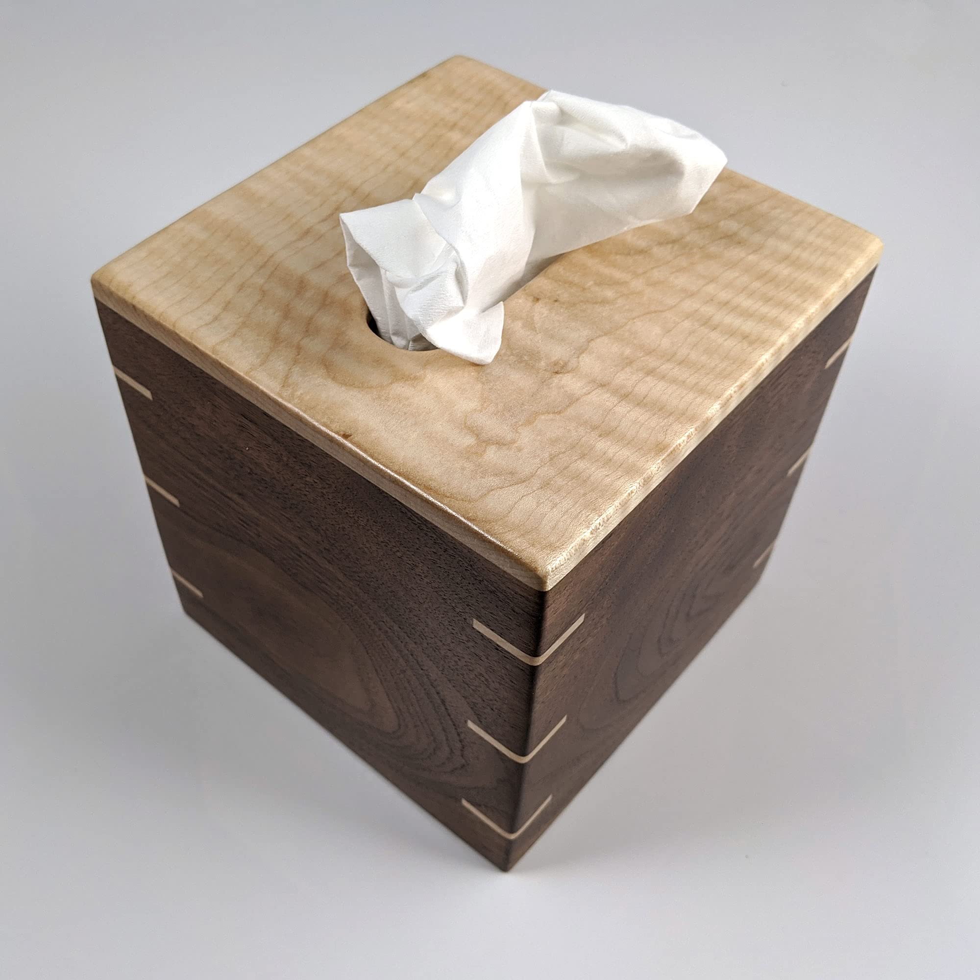 Handmade Custom Tissue Box Cover - Solid Tiger Maple Top & Texas Black Walnut Sides with Maple Splines - Boutique Square Cube Style - Perfect for Home Decor, Living Room, Bedroom & Bathroom Organization
