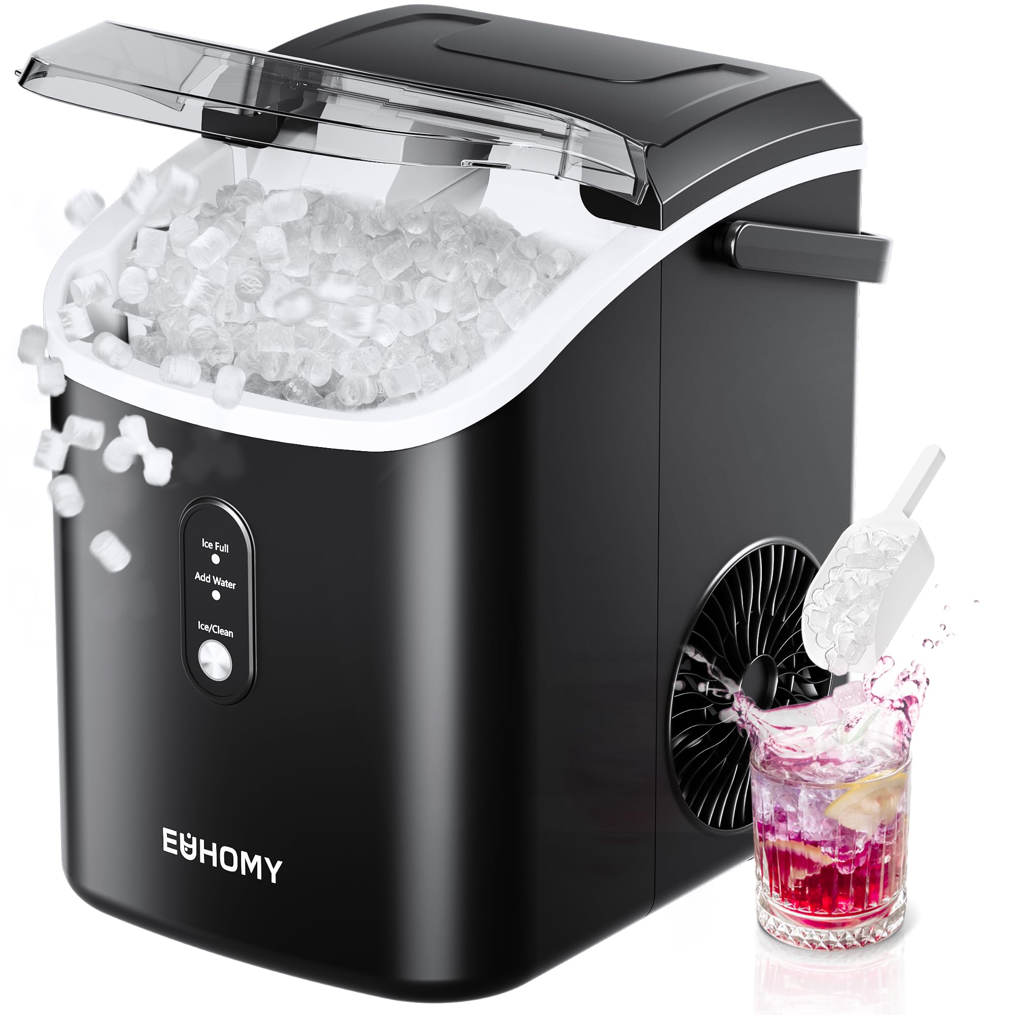 EUHOMY Portable Countertop Nugget Ice Maker - 34lbs/Day, Ready in 6 Minutes, Auto-Cleaning with Removable Top Cover - Includes Ice Basket & Scoop - Perfect for Home, Office, RV, Camping & Parties (Black)