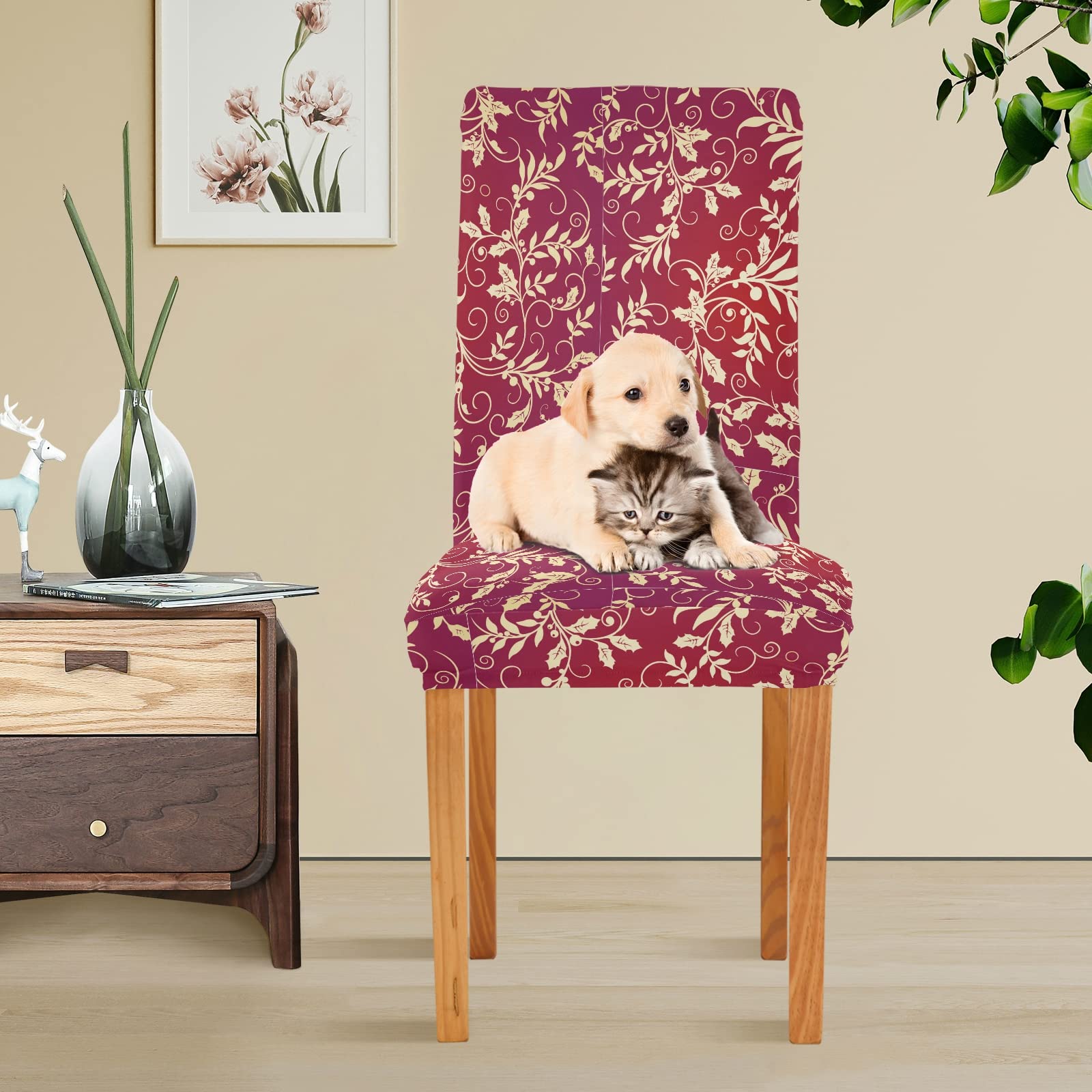 Christmas Holly Dining Chair Covers Set of 2 - Stretchable Spandex Slipcovers for Kitchen & Dining Room Decor - Perfect for Holiday Parties & Home Entertaining
